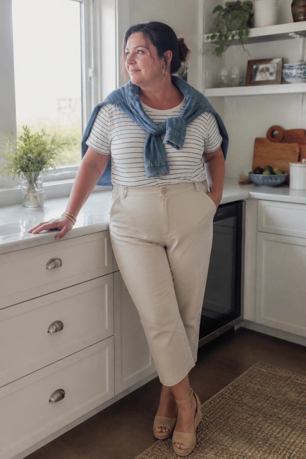 plus size woman over 50 wearing a white and navy striped short sleeve tee with a blue denim shirt tied over the shoulders, paired with beige cropped pants and beige wedge sandals in a kitchen setting