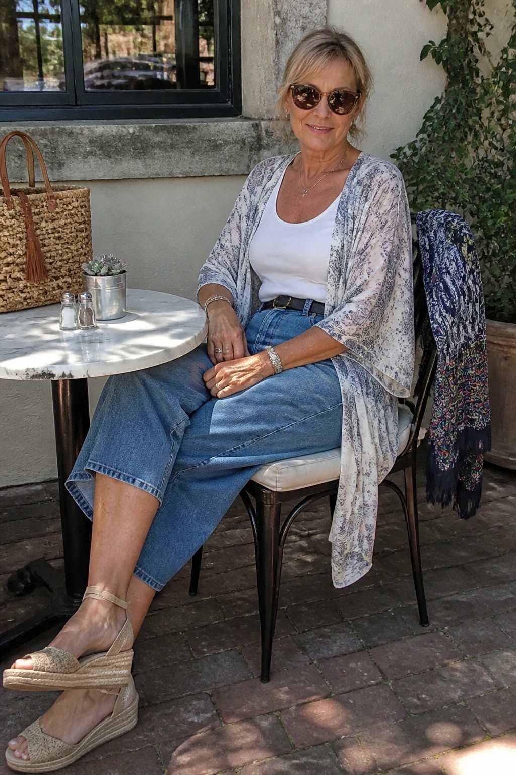 Woman over 50 seated outdoors wearing white tank top, blue wide-leg denim capris, black belt, sheer blue and white patterned kimono, beige wedge espadrilles, layered bracelets, and sunglasses.