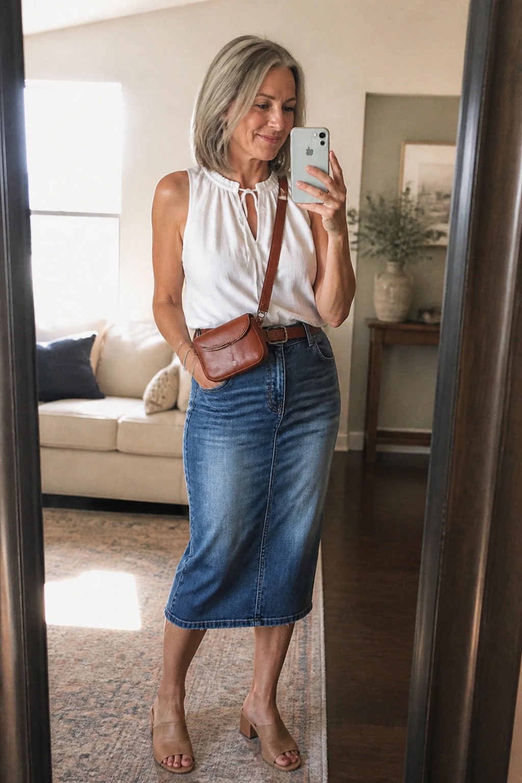 Woman in white top and denim skirt taking mirror selfie with phone