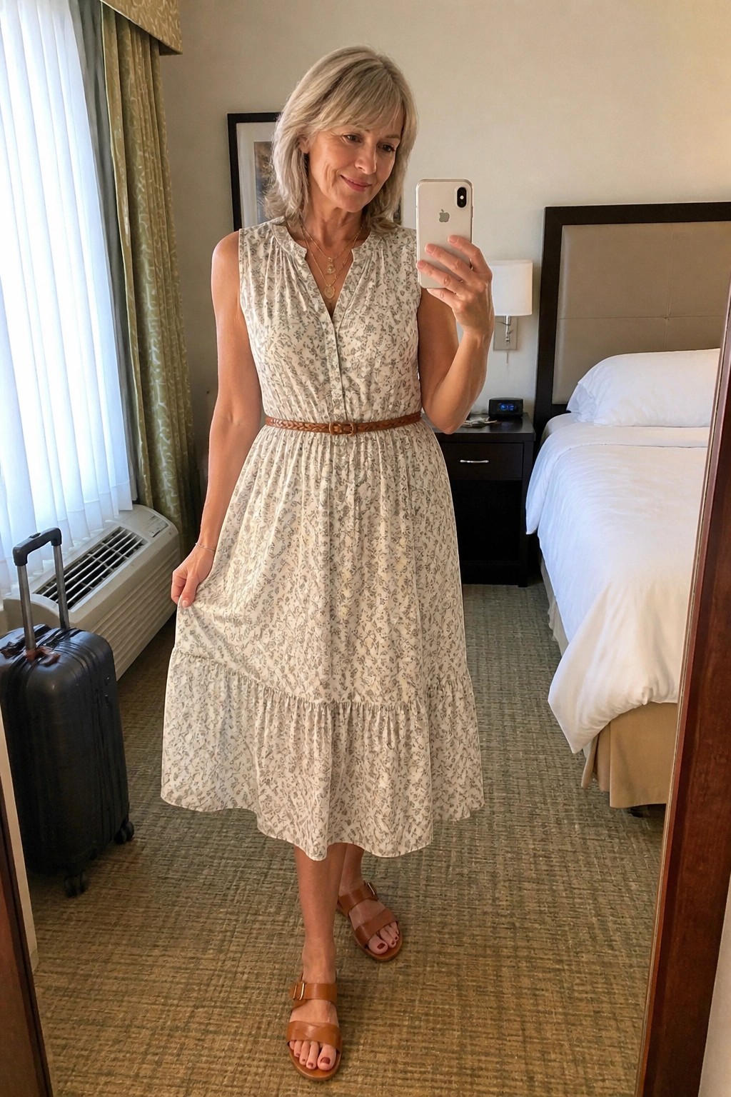 Woman in floral midi dress taking mirror selfie in hotel room with suitcase nearby