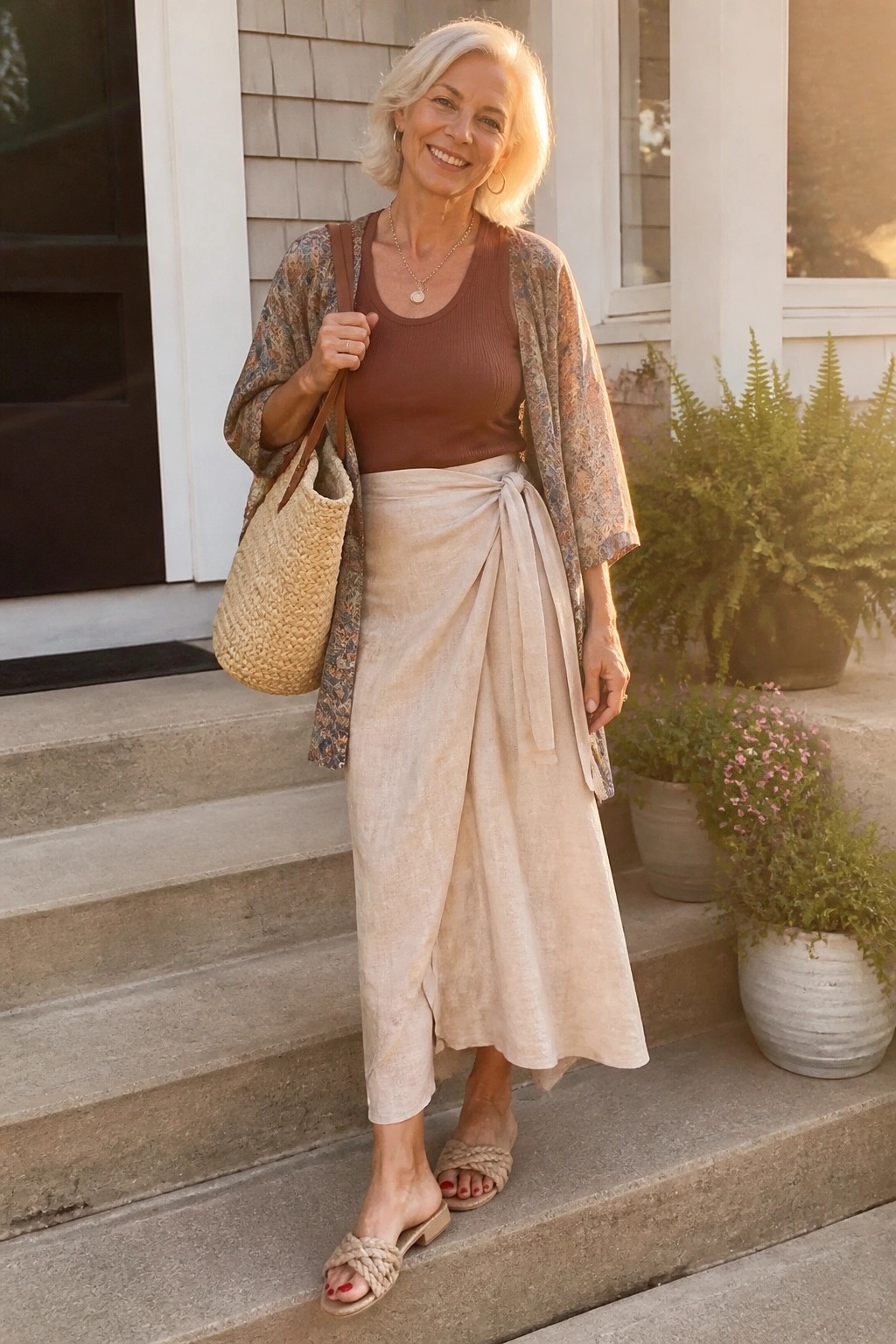 Smiling older woman in brown top, floral kimono, beige wrap skirt with woven bag on steps