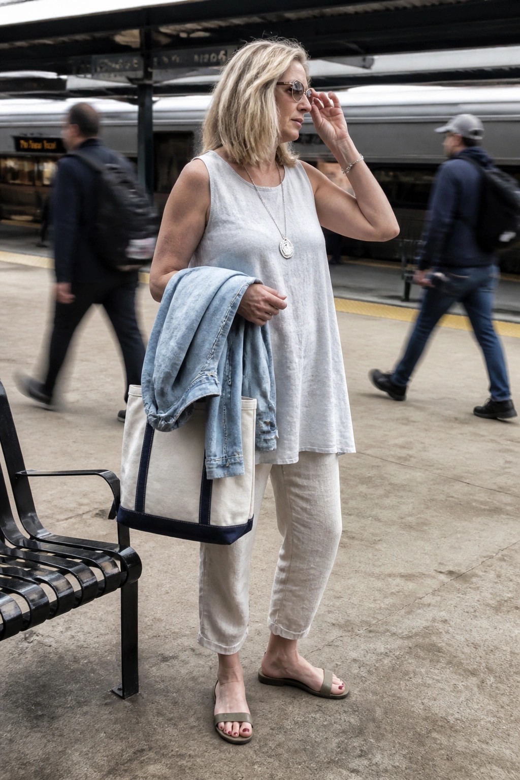 Blonde woman in light top and pants holds denim jacket and tote on platform