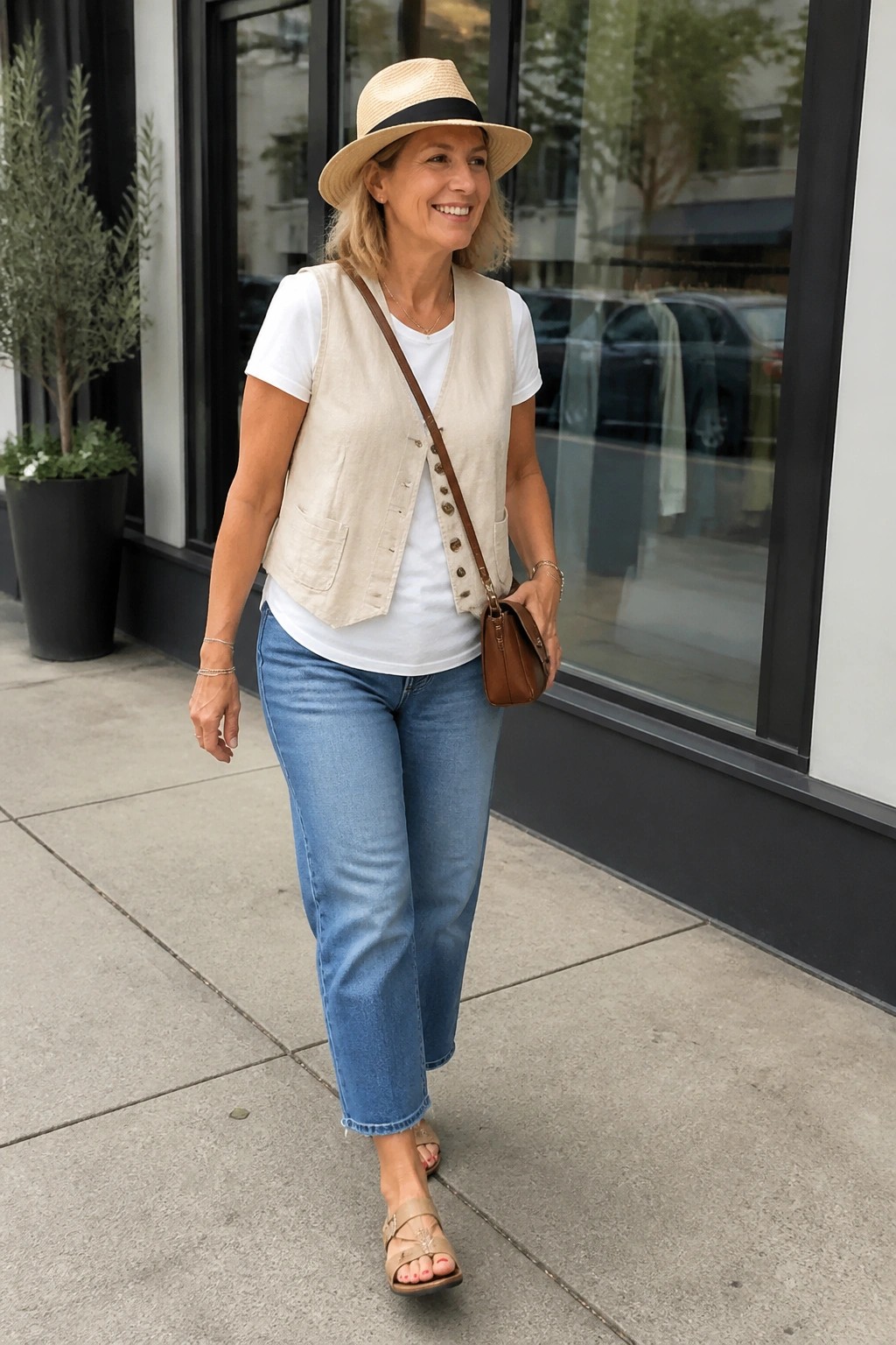 Smiling woman in straw hat, beige vest, white tee, blue jeans, and sandals.