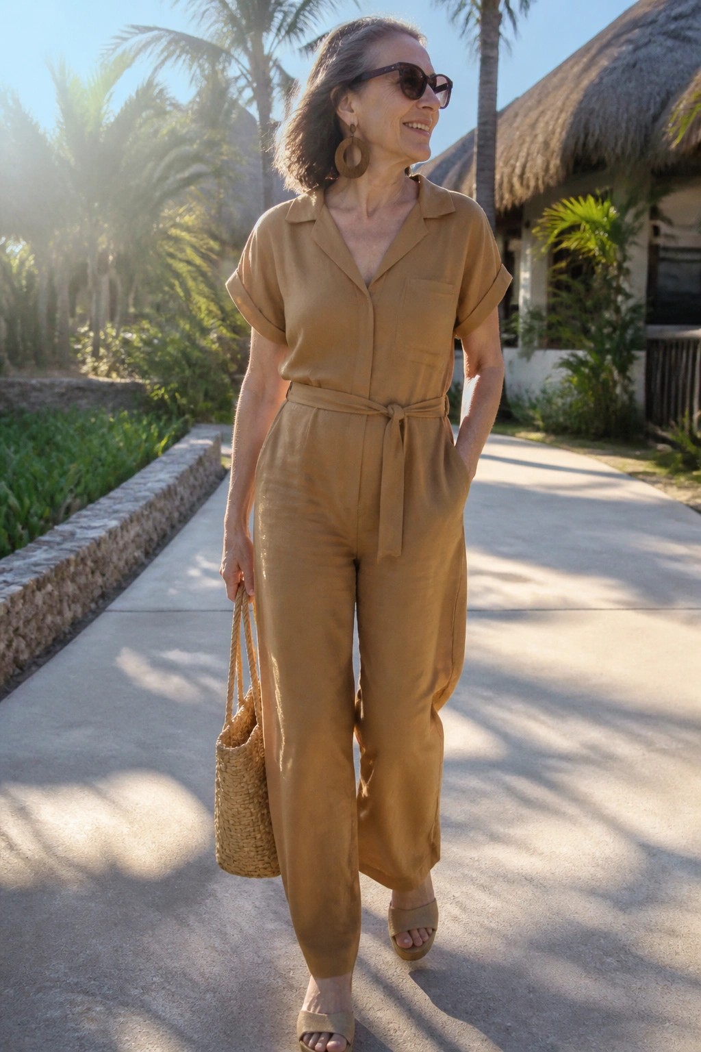 Woman in tan jumpsuit carries woven bag on sunny palm-lined path