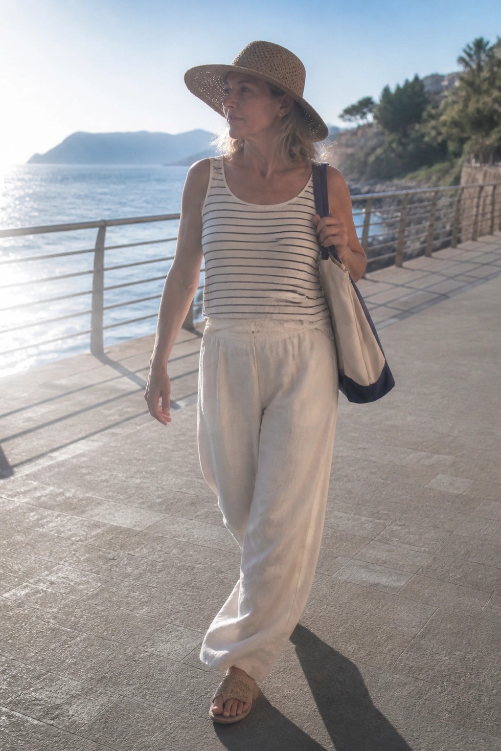 Woman in straw hat, striped top, and white pants walks by the sea