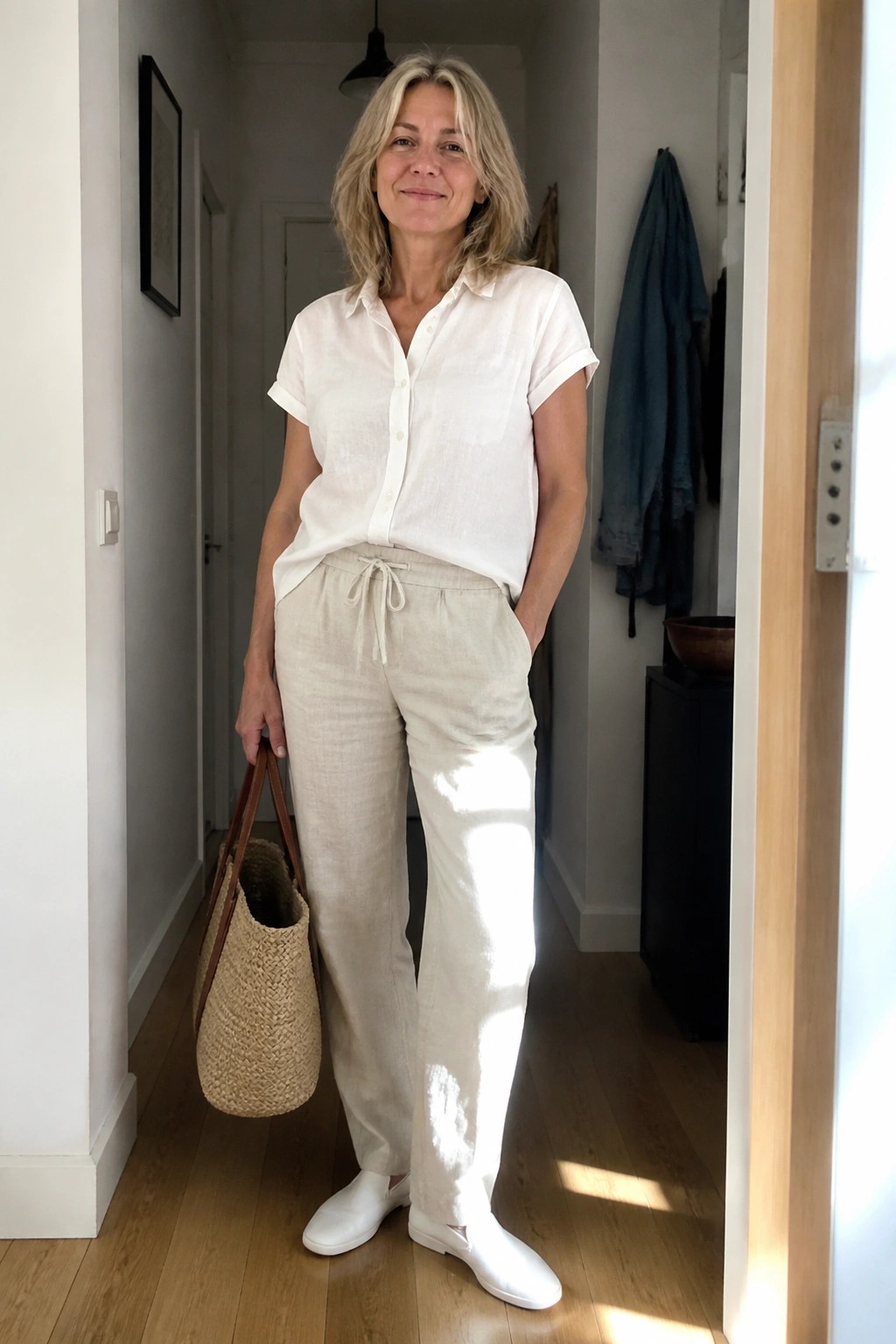 Blonde woman in white shirt and beige linen pants holding woven straw bag in hallway