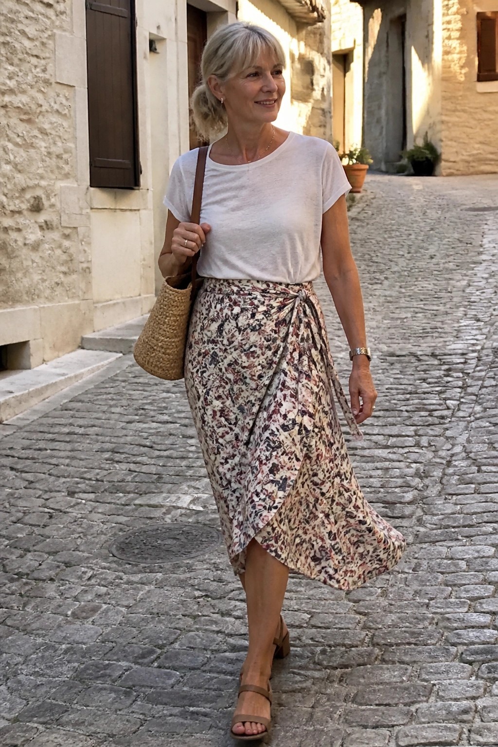 Woman in white top and floral wrap skirt with straw bag on cobblestone street