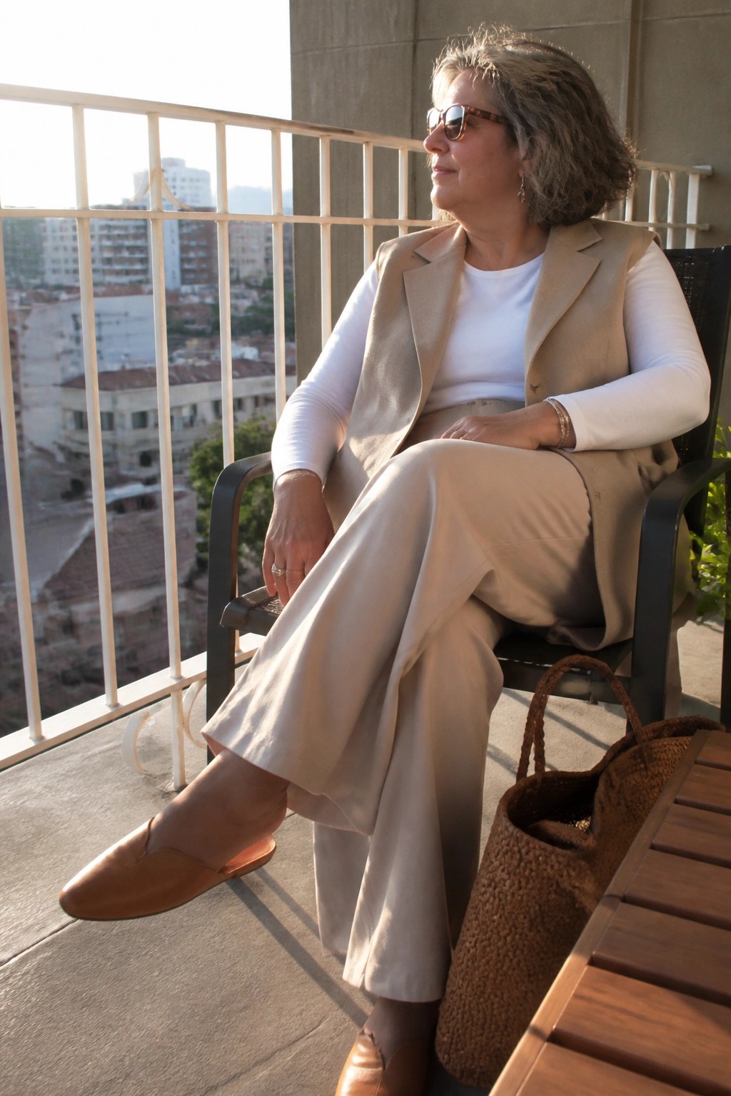 Woman in beige vest and pants seated on balcony with woven bag and city view