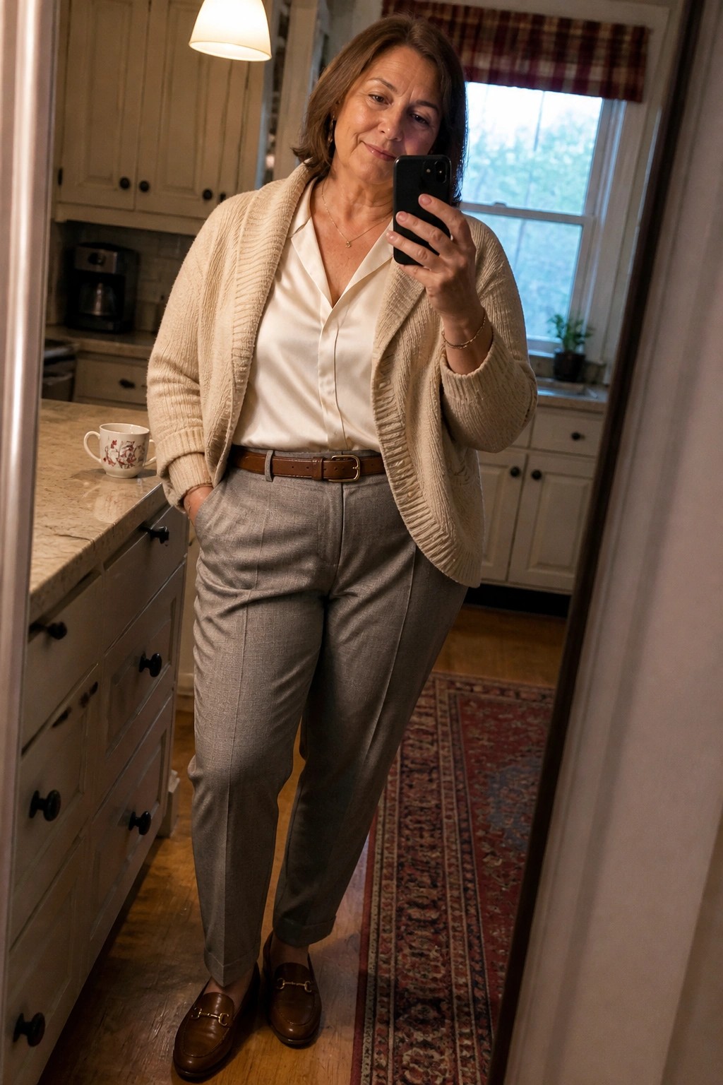 Woman in beige cardigan and gray pants taking mirror selfie in kitchen