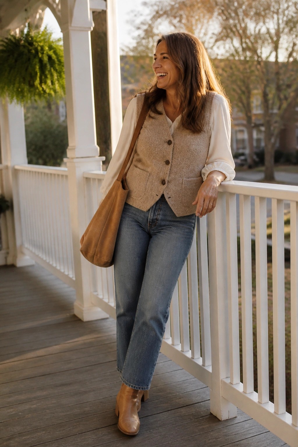 Woman in beige vest and jeans leaning on white porch railing with brown tote bag