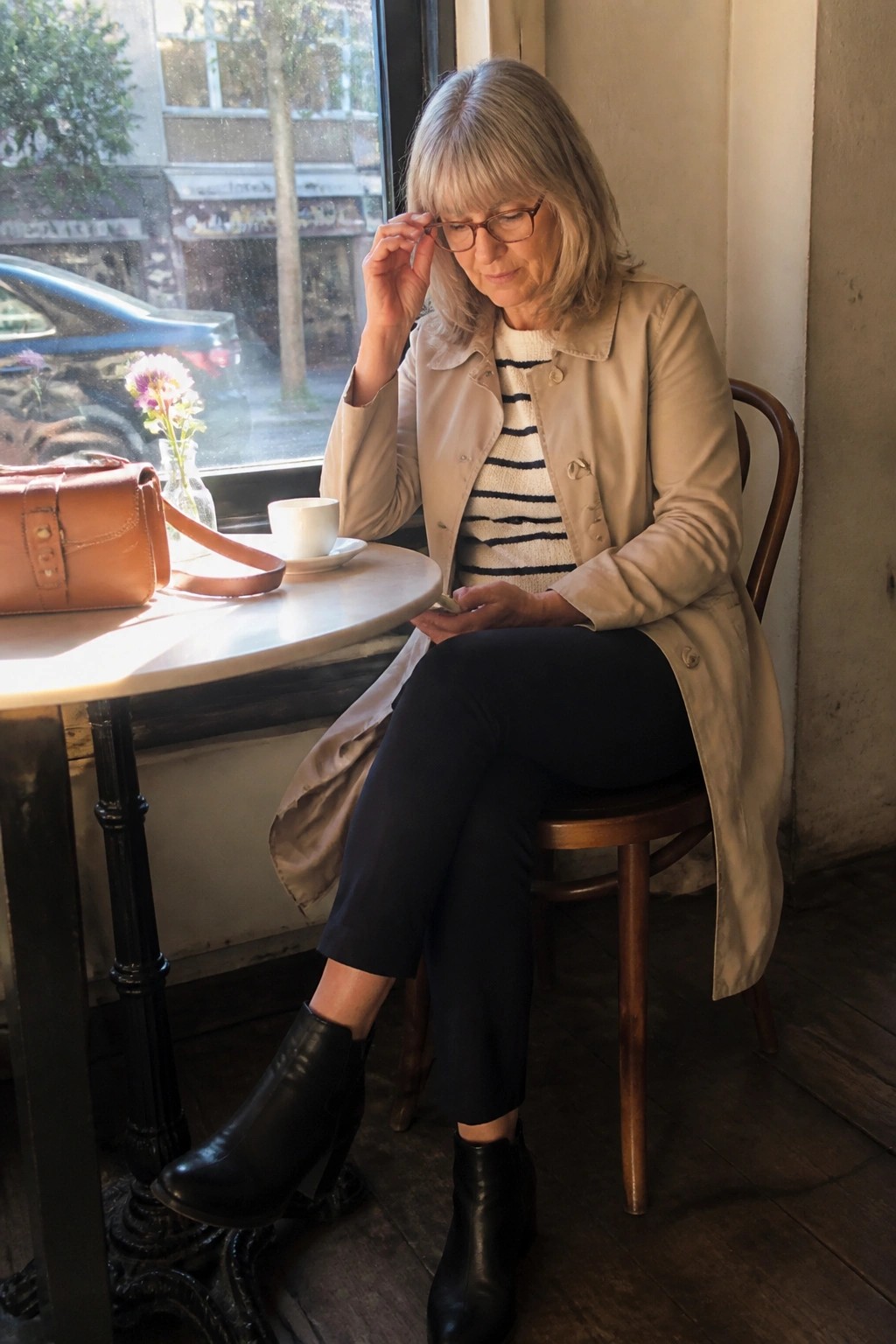 Woman in beige trench coat over black and white striped sweater with black pants and boots seated at a table holding glasses