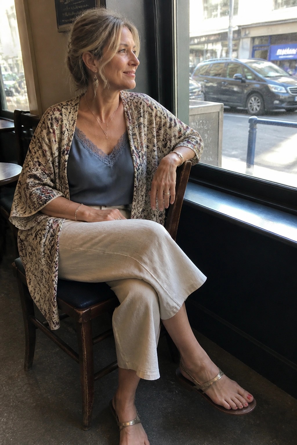 Woman over 50 wearing a floral print kimono jacket open over a blue lace-trim camisole paired with beige wide leg cropped pants and strappy brown sandals with gold accents plus layered necklaces and bracelets.
