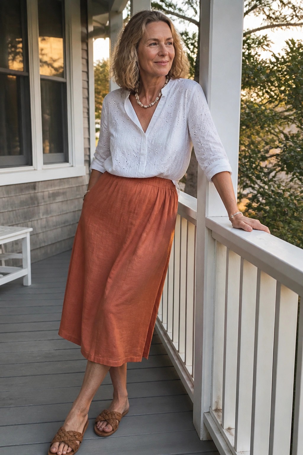 Woman in white eyelet blouse and rust skirt leaning on porch railing