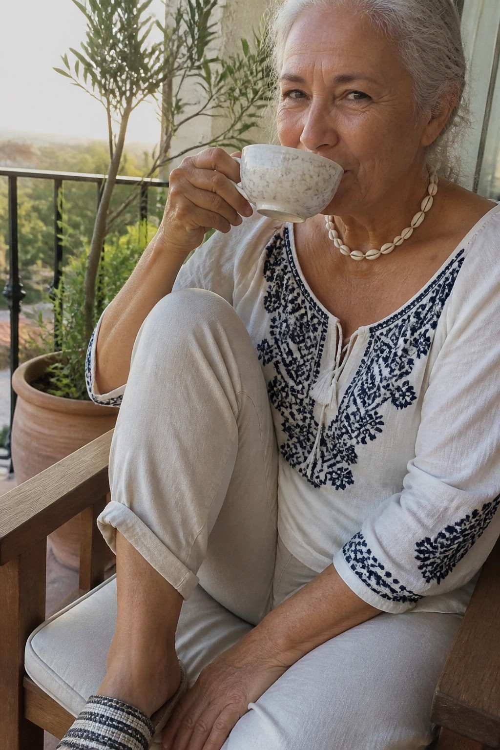 Woman over 50 in white boho top with blue embroidery and matching relaxed pants sitting with a cup and wearing a shell necklace.