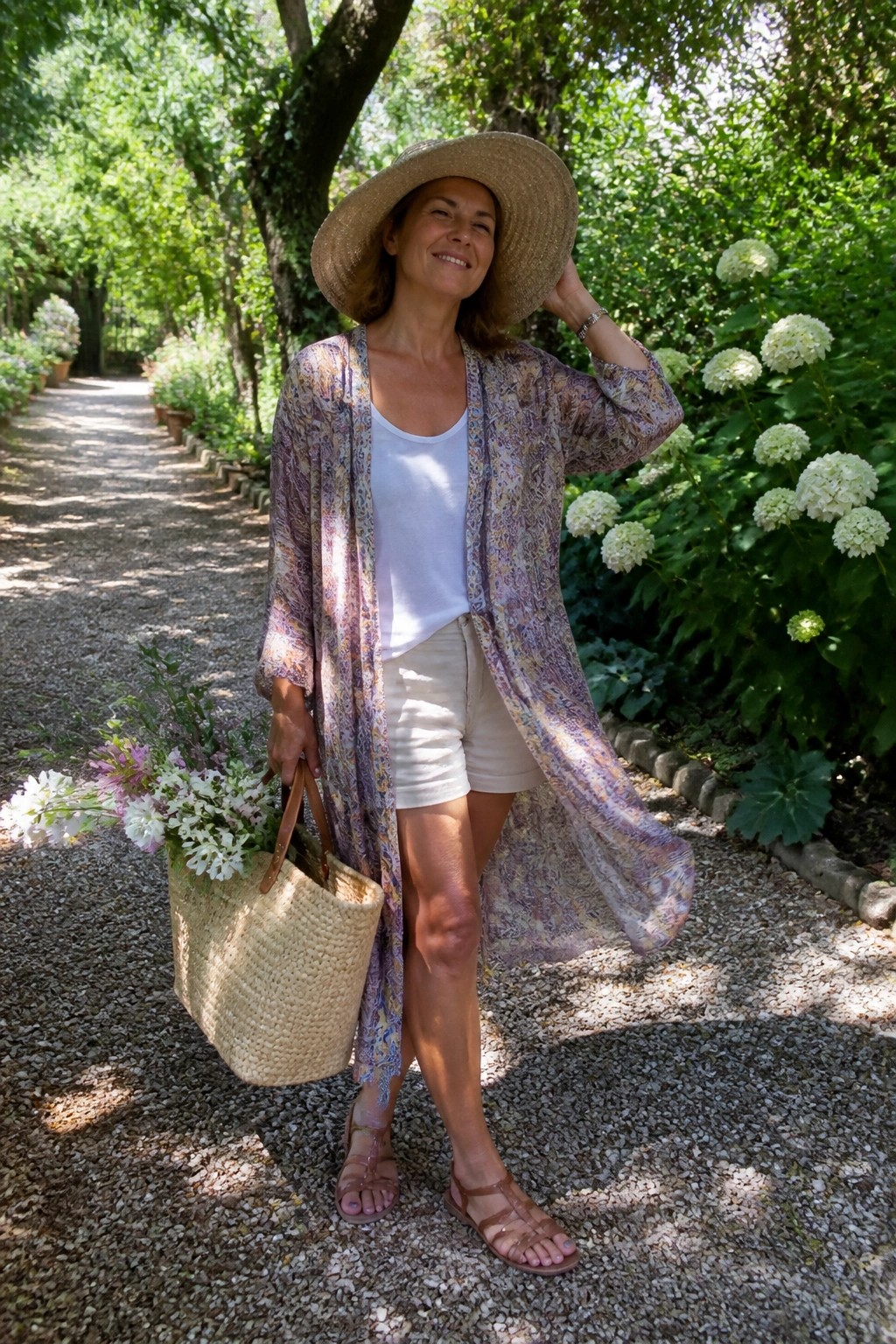 Woman in floral kimono and straw hat holds flower basket on garden path