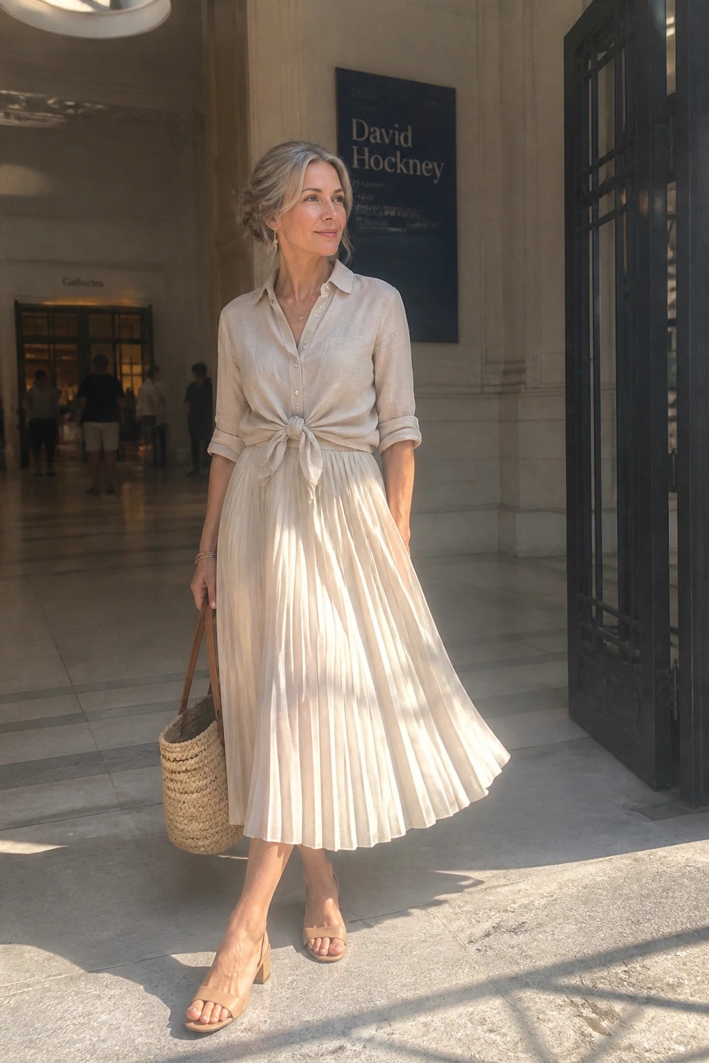 Woman over 50 wearing a tied beige linen button-up shirt with a matching pleated midi skirt, beige block heel sandals, and a straw tote bag in a neutral monochromatic outfit.