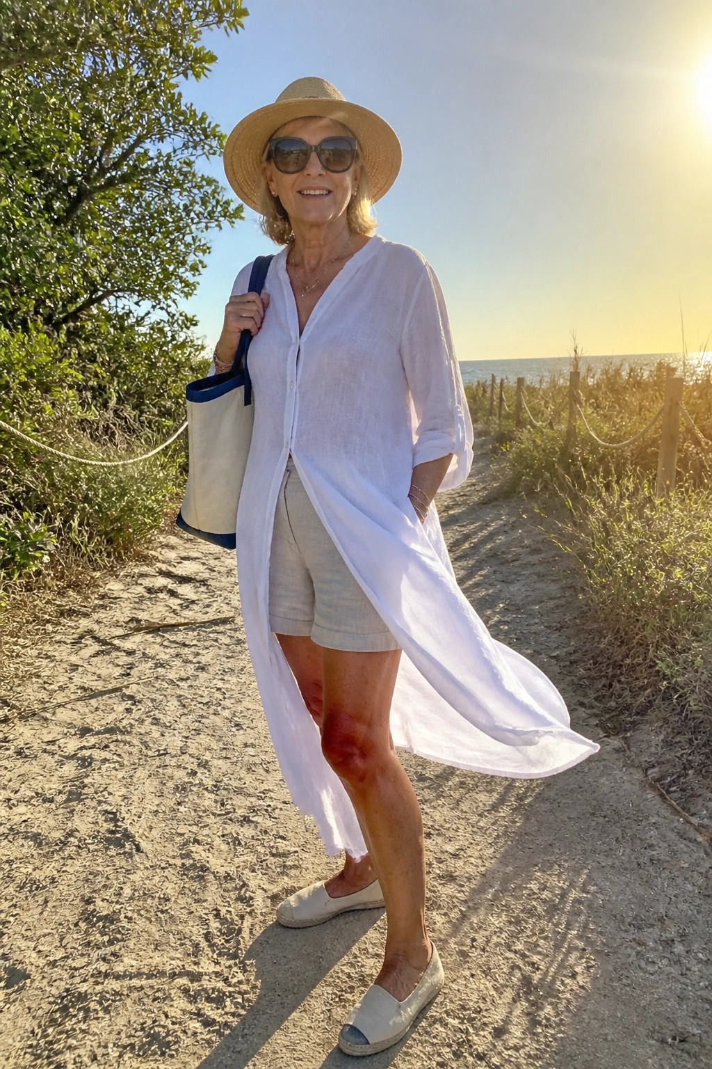 Older woman in white linen shirt and hat on beach path at sunset with tote bag