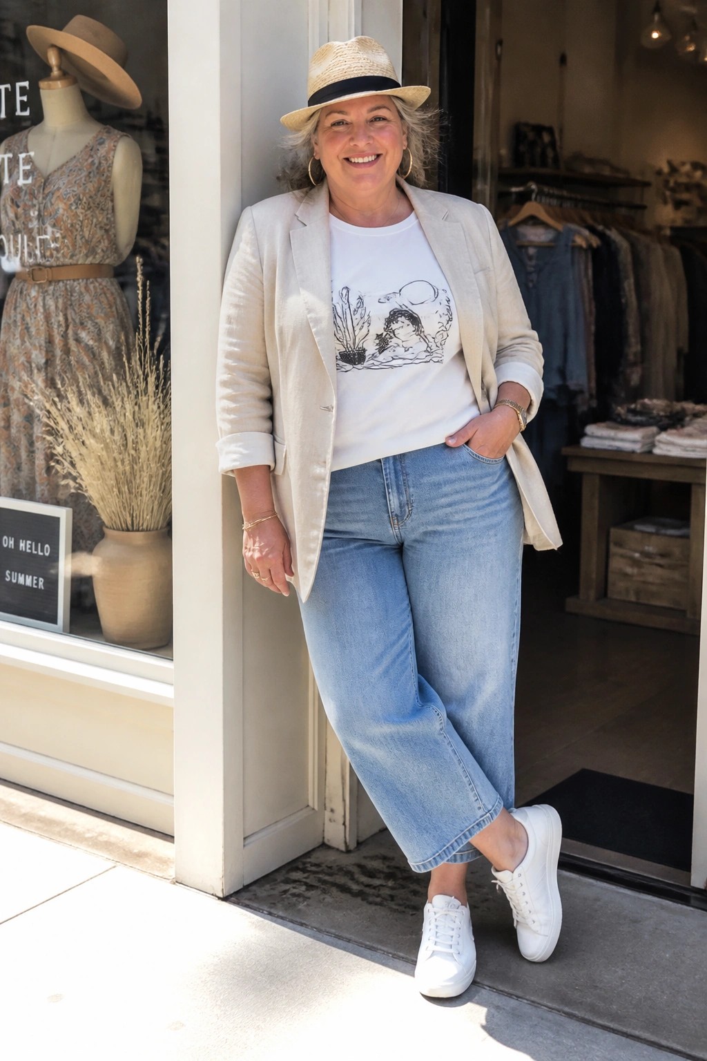 Smiling woman in straw hat, beige blazer, white graphic tee, and blue jeans outside boutique