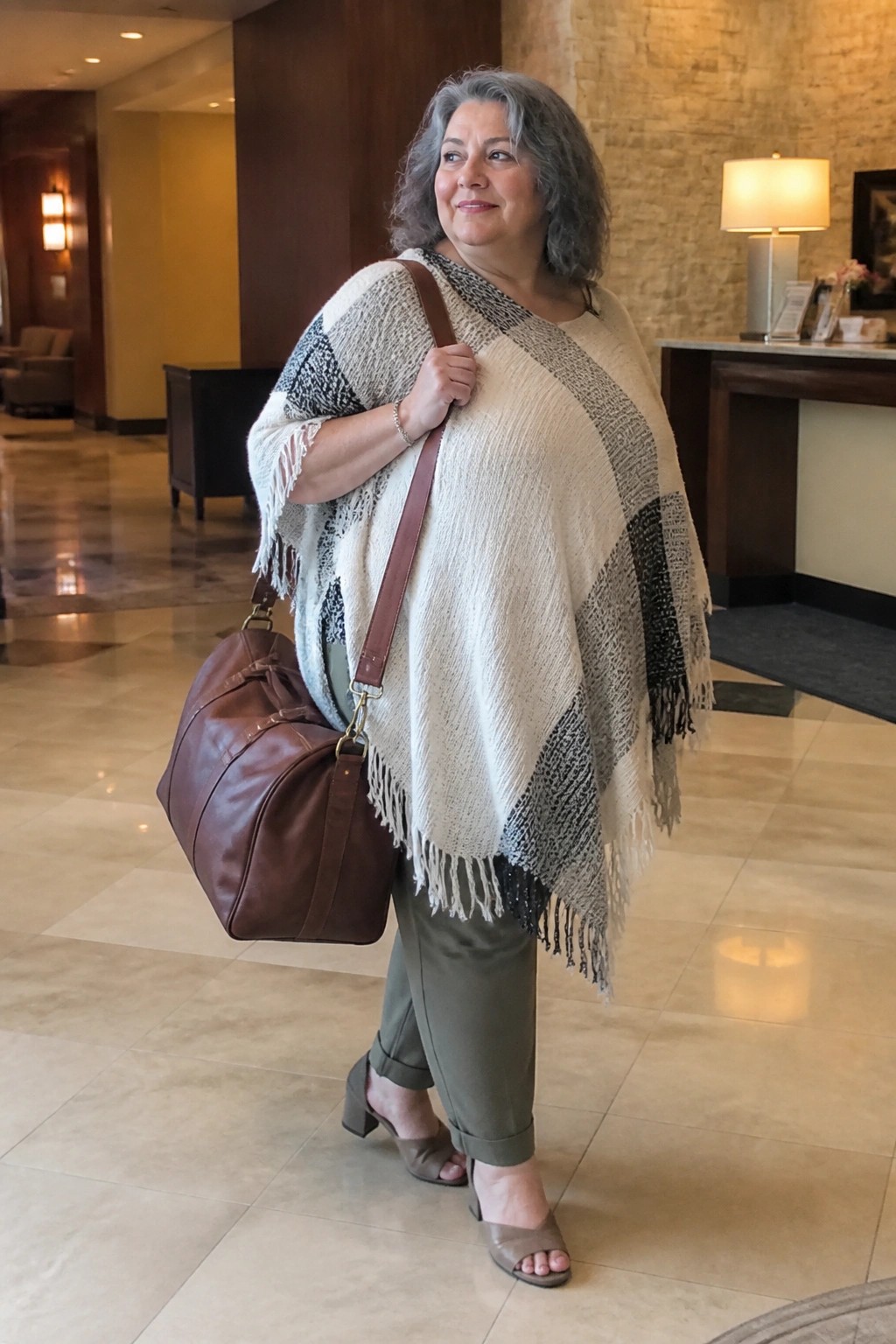 Woman with gray hair in fringed poncho carrying brown leather bag in lobby.