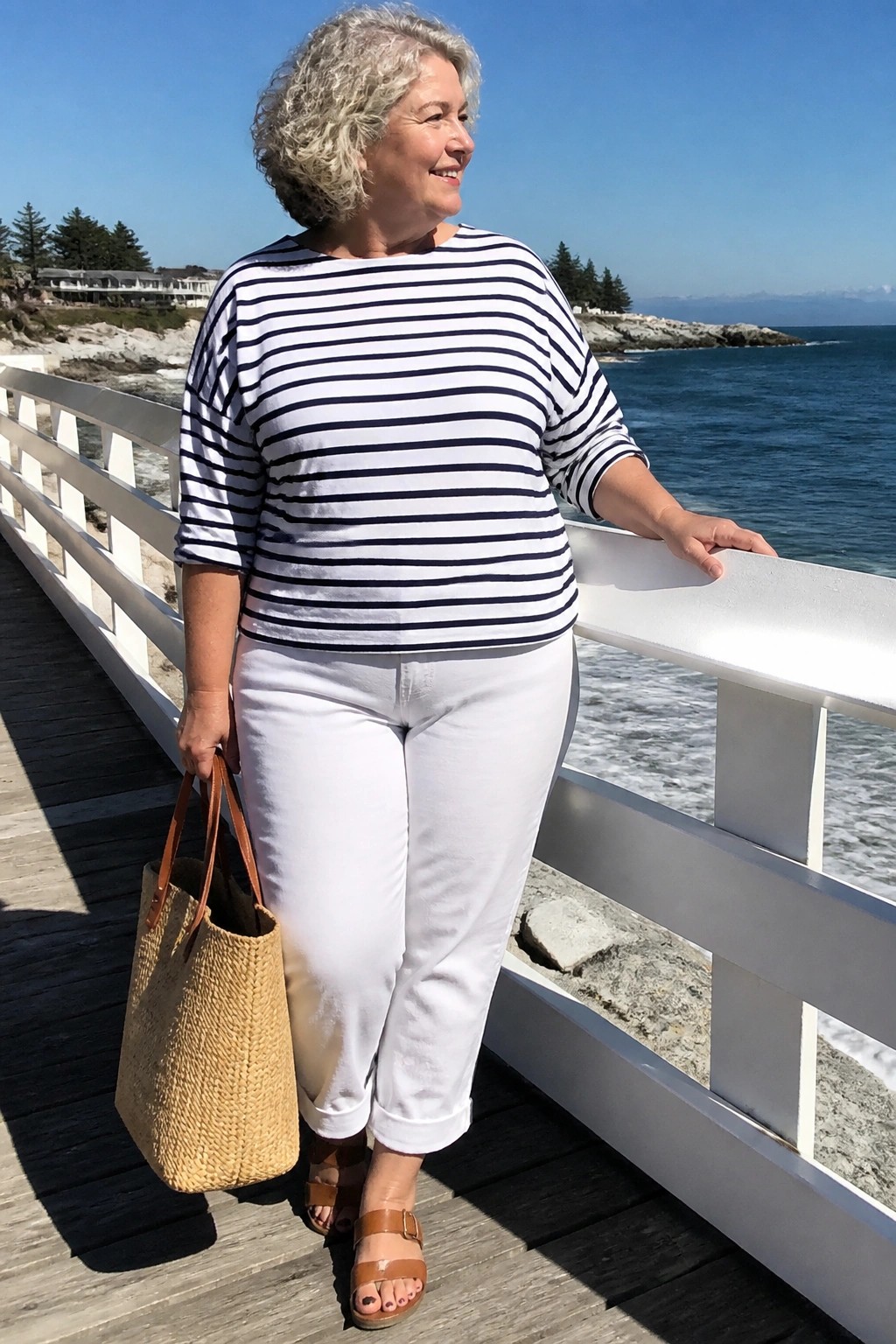 Curly-haired woman in striped shirt and white pants holding straw tote by ocean railing
