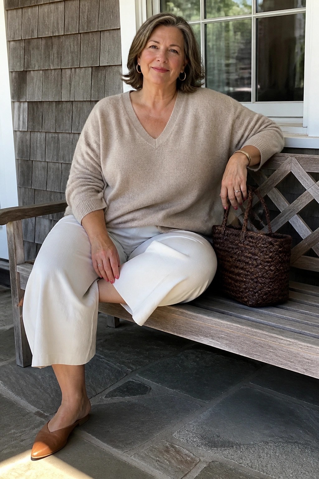 Woman over 50 wearing a beige v neck knit sweater with white wide leg pants, brown woven tote bag, and brown pointed mules while seated on a wooden bench.