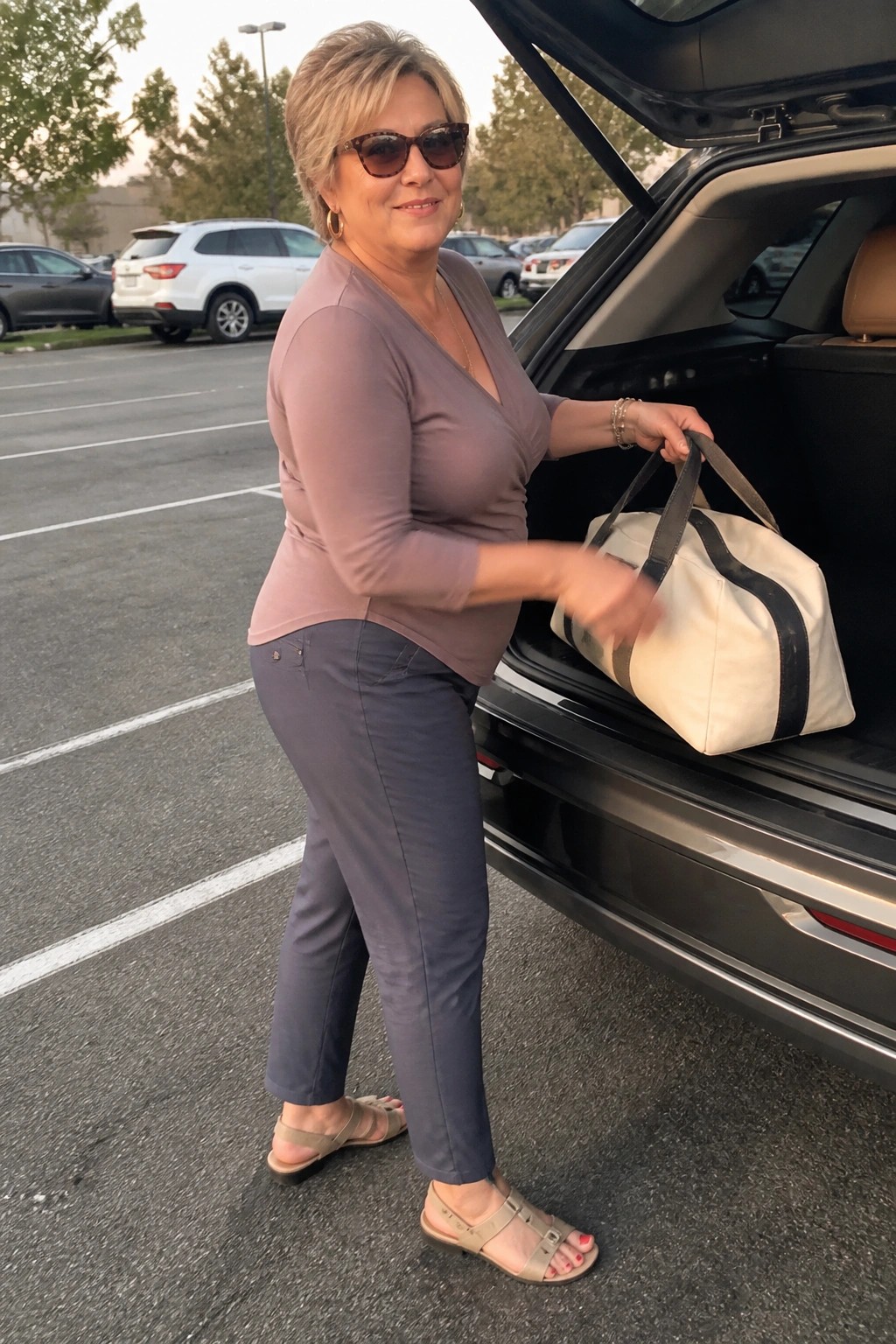 Plus size woman over 50 wearing a mauve wrap top with dark gray straight leg pants and beige sandals while placing a duffel bag into an open car trunk in a parking lot.