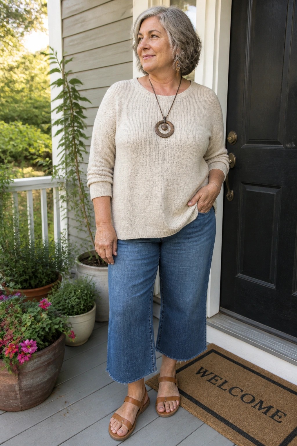 Gray-haired woman in beige sweater, blue cropped jeans, and necklace on porch