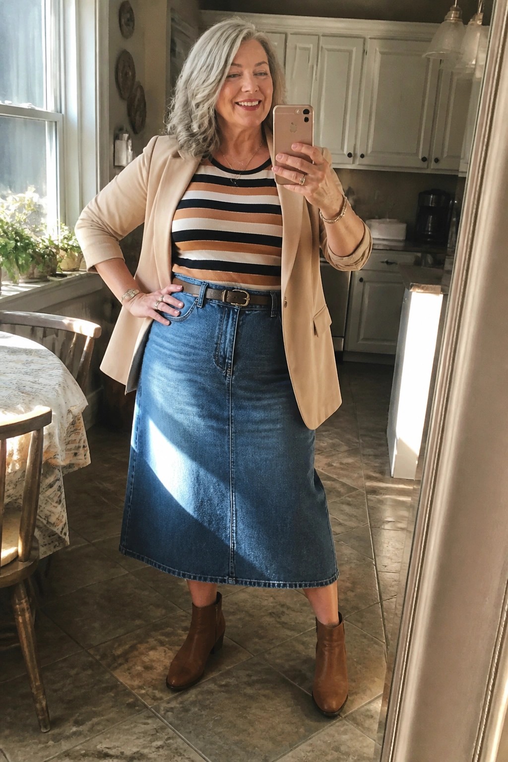 Woman in beige blazer and denim skirt taking mirror selfie in kitchen