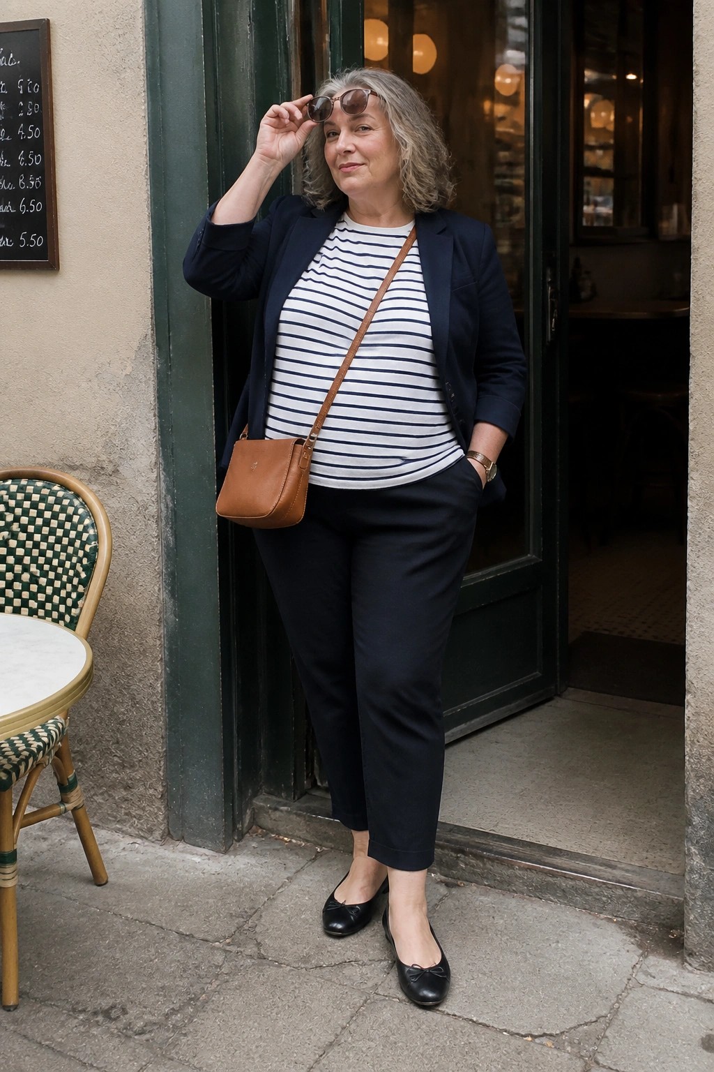 Gray-haired woman in navy blazer and striped shirt stands in green doorway with brown bag