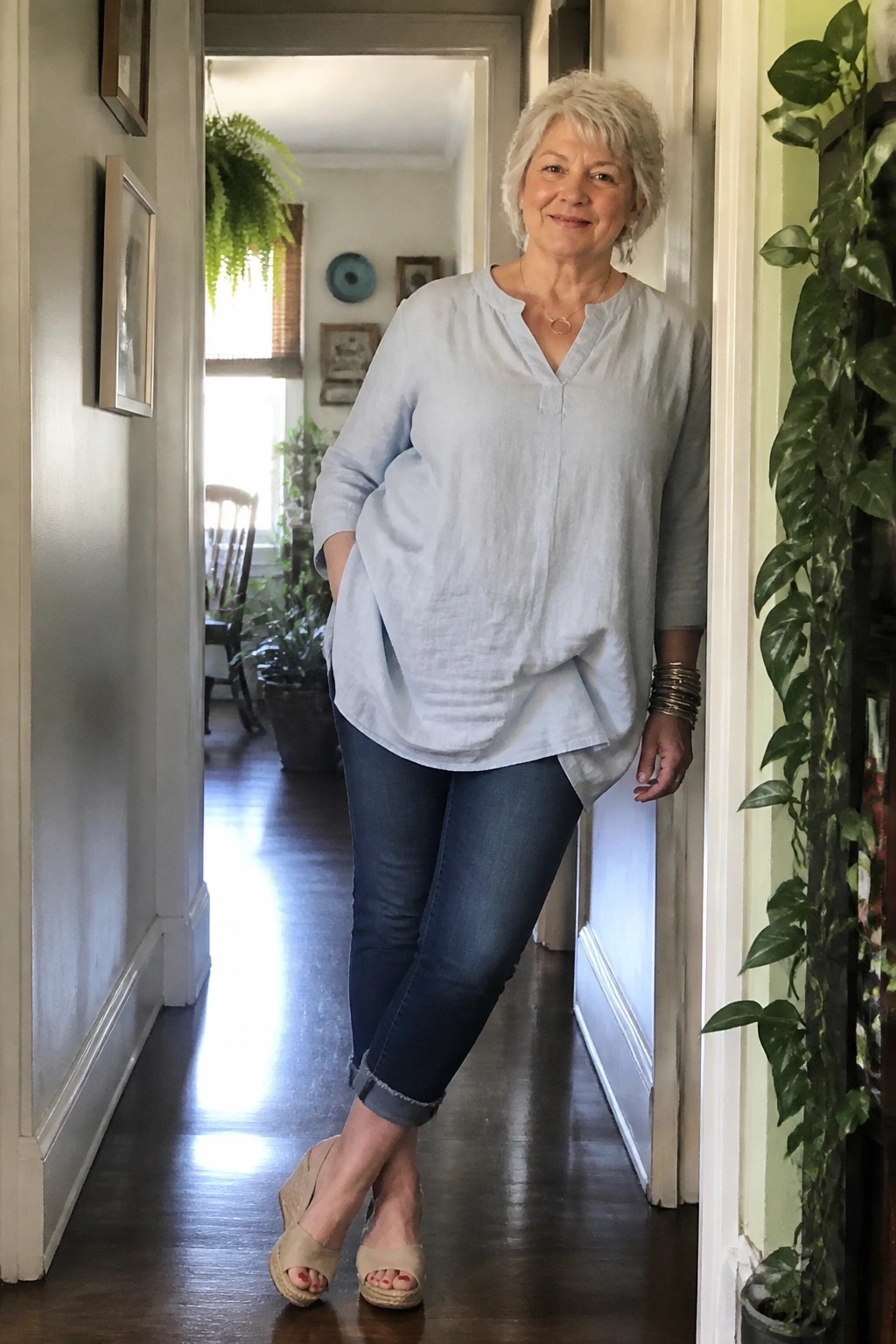 Woman over 50 wearing a loose light blue linen top with three quarter sleeves over dark cuffed jeans and beige wedge sandals, accessorized with a thin necklace and stacked bracelets.