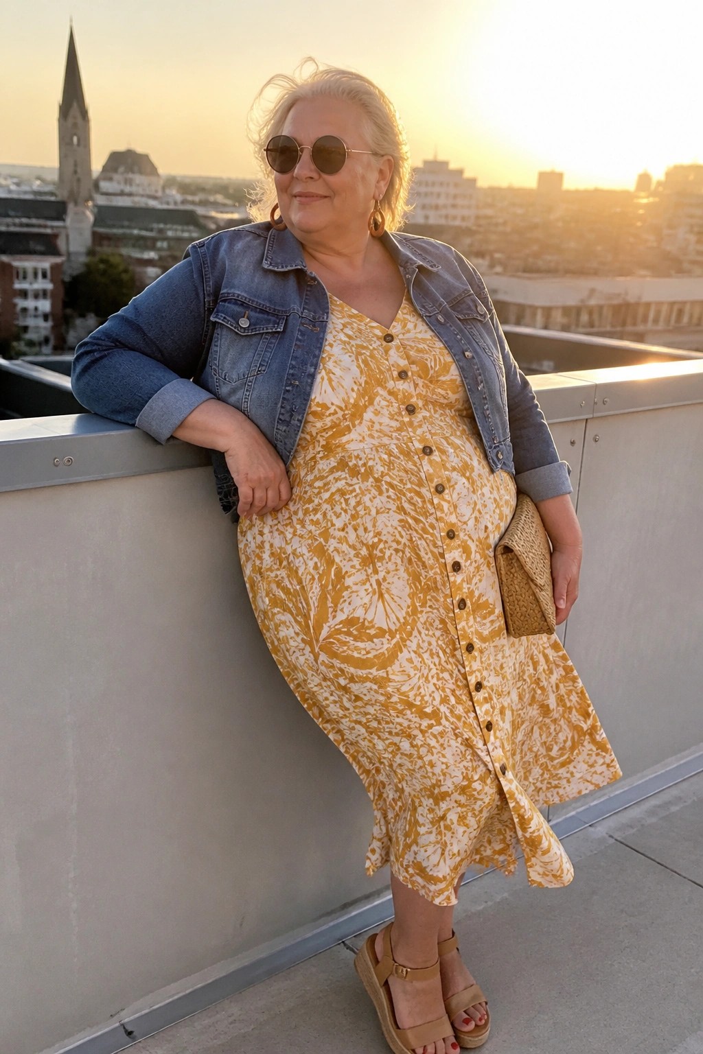 Woman in yellow floral dress and denim jacket on city balcony at sunset