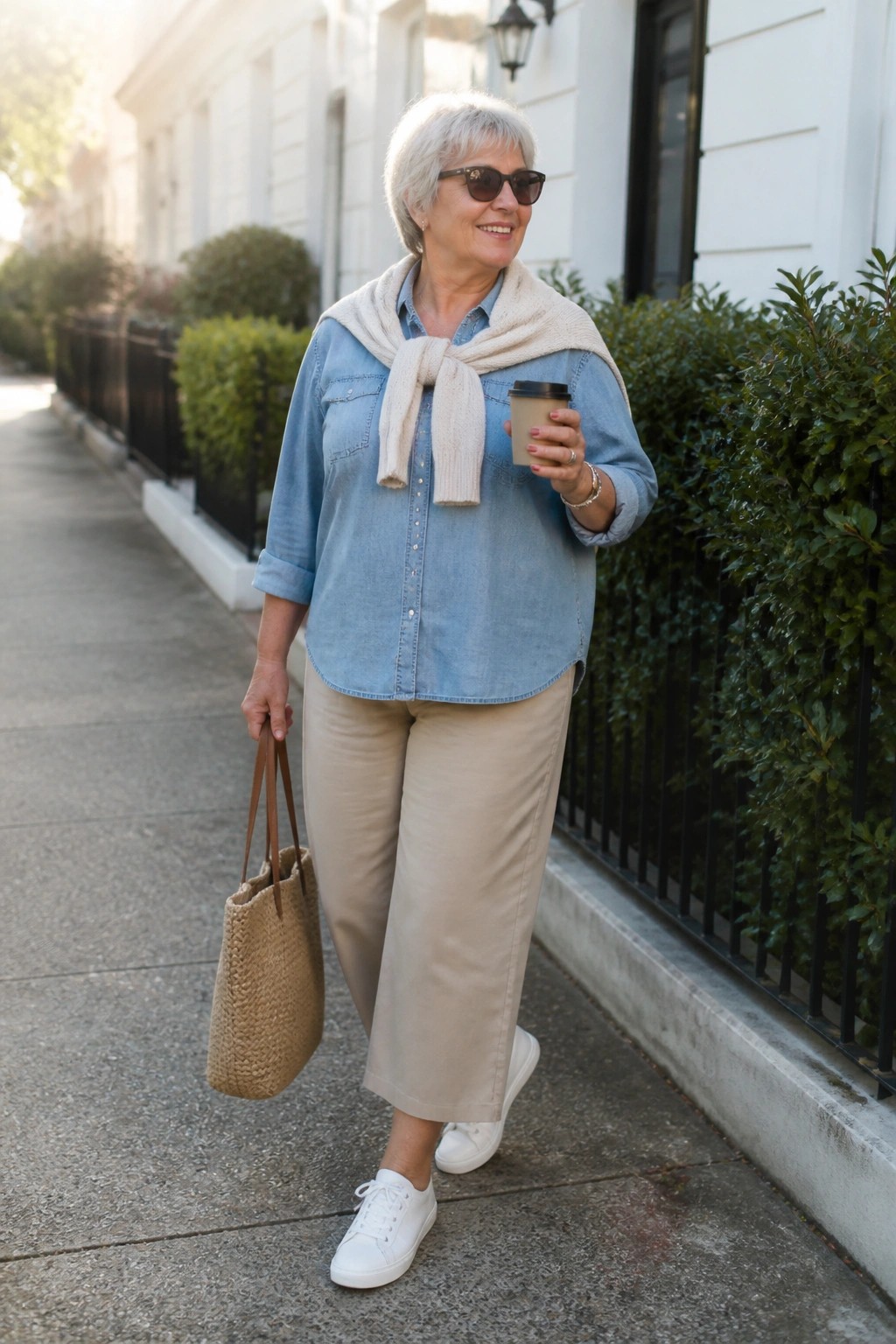 Elderly woman in denim shirt and scarf holding coffee and woven tote on sidewalk