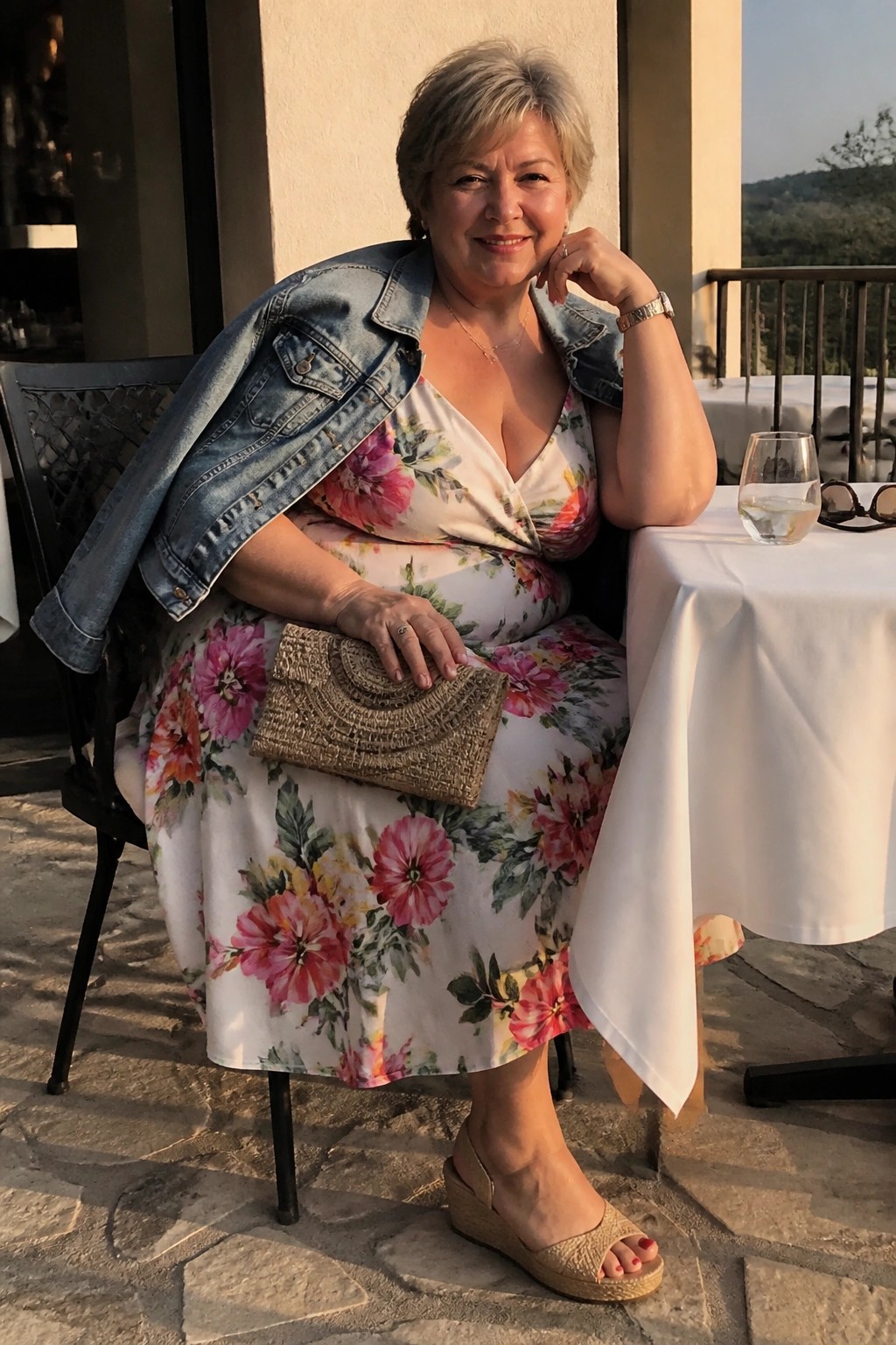 Woman in floral dress and denim jacket seated at outdoor patio table holding clutch.