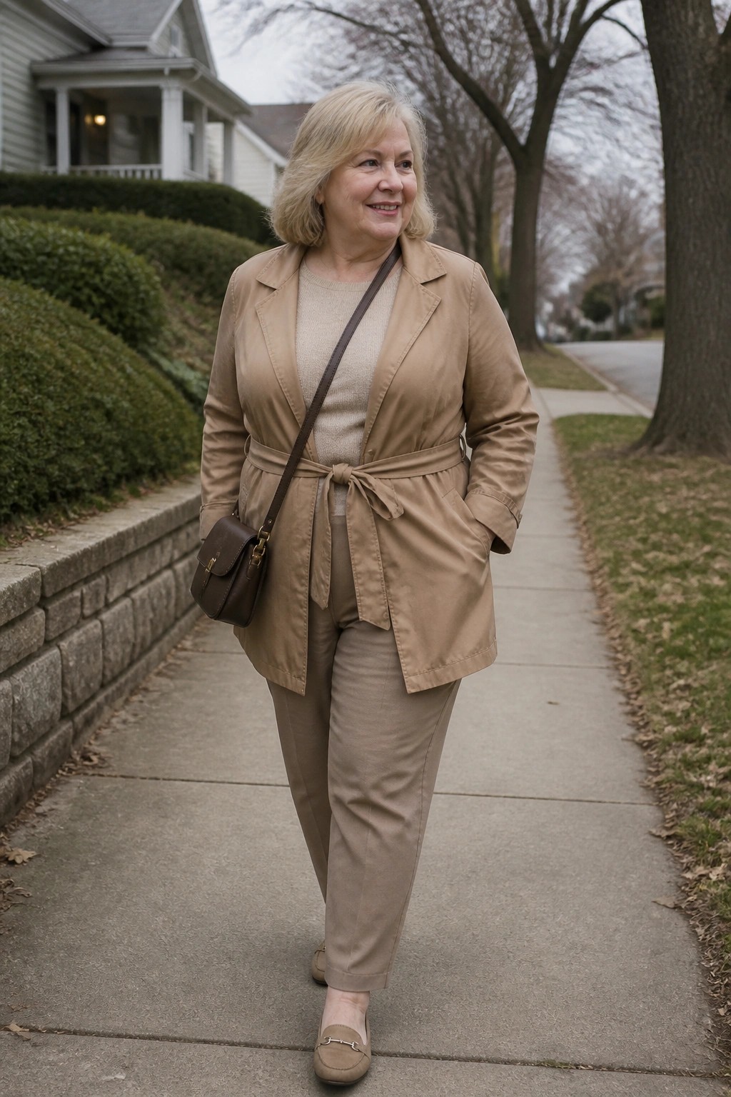 Blonde woman in beige belted jacket and pants with brown crossbody bag on sidewalk