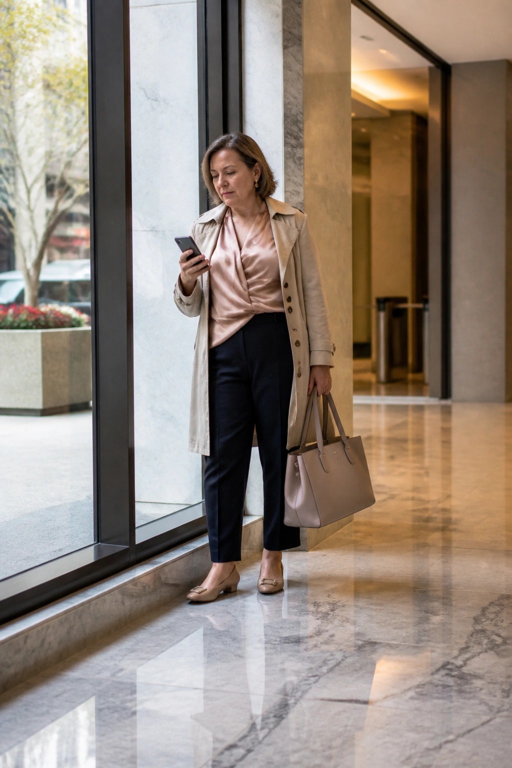 A woman wearing a beige trench coat over a blush satin wrap blouse paired with navy straight pants, beige pointed flats, and a matching tote bag while holding a phone.