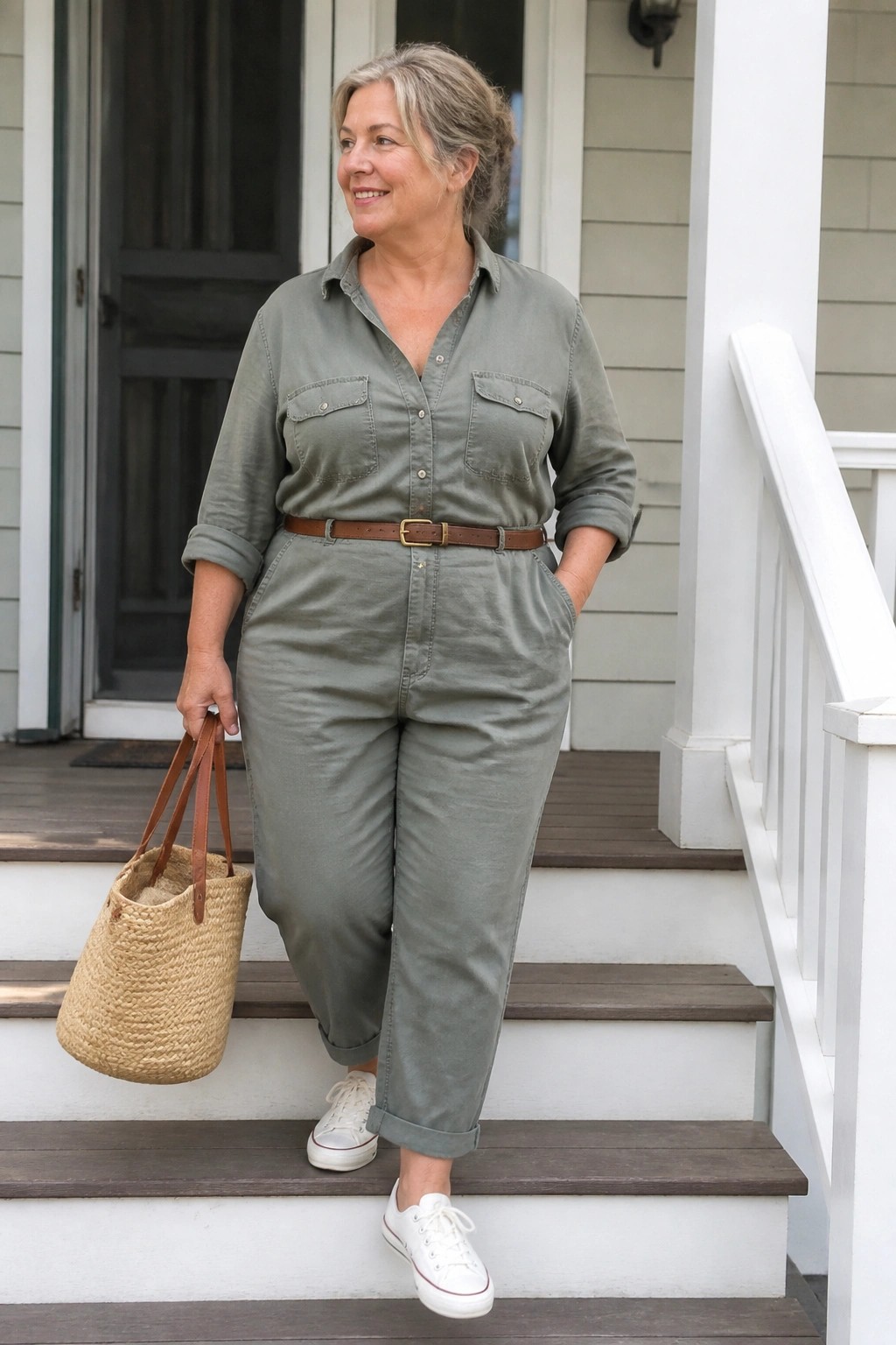 Woman in sage green jumpsuit holding straw bag on wooden porch steps
