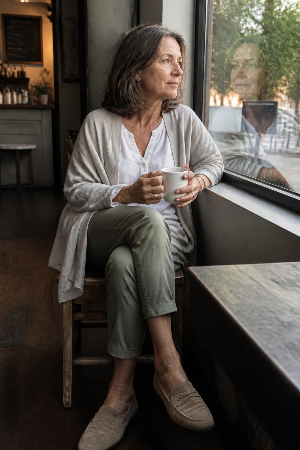 Woman with graying hair holding white mug by cafe window, gazing outward.