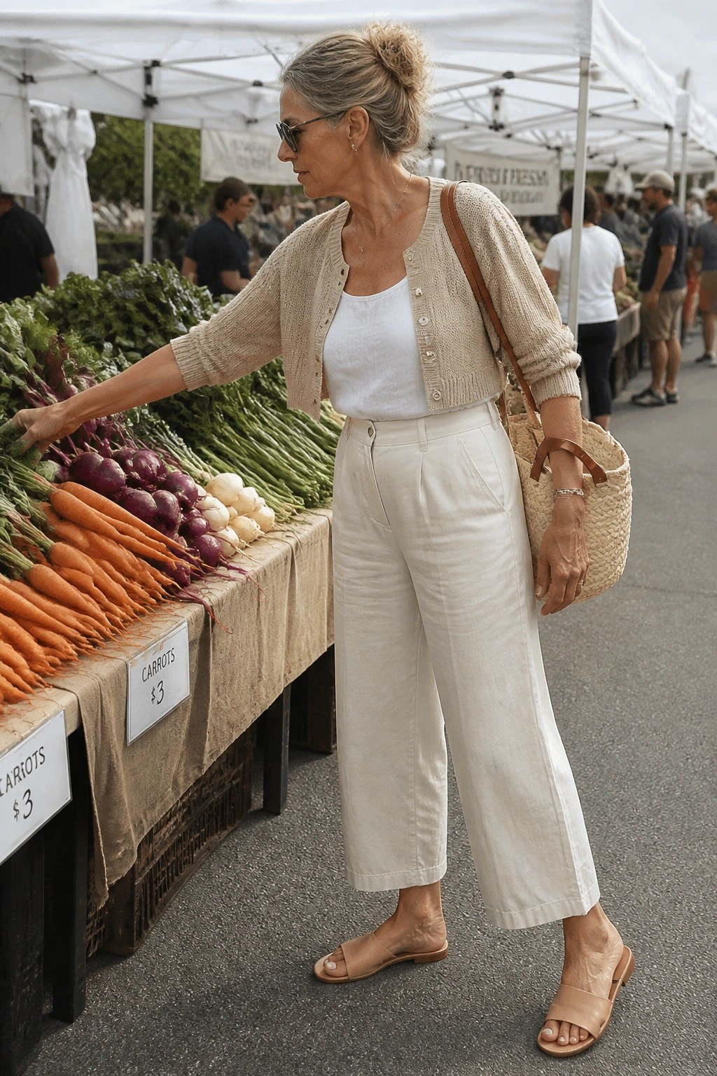 Woman in beige cardigan and white pants reaches for carrots at market stall