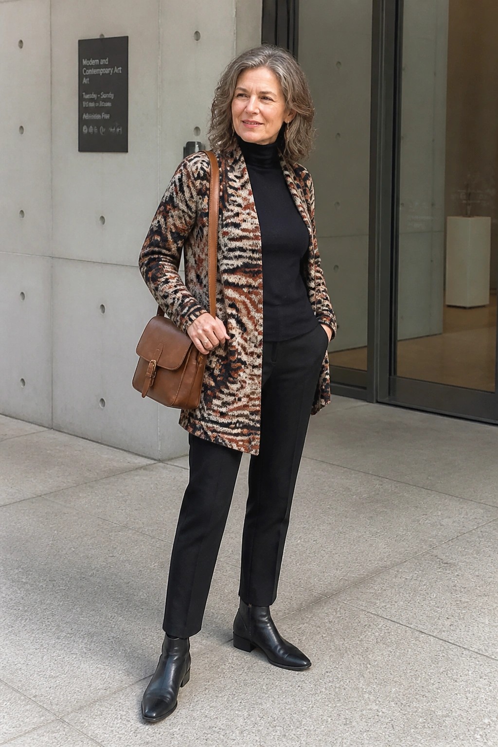 Gray-haired woman in patterned cardigan over black turtleneck and pants with brown bag
