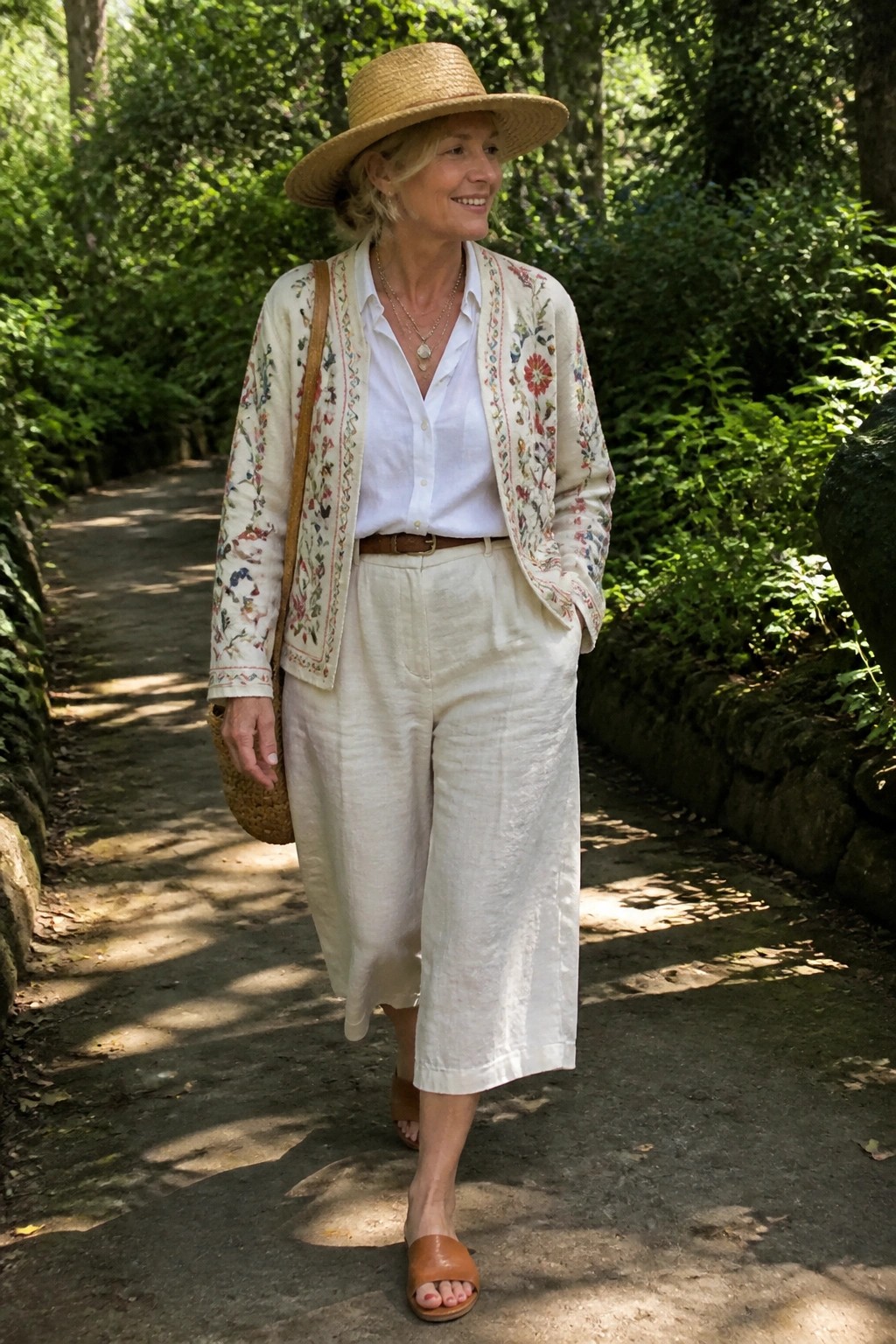 Woman over 50 in cream floral embroidered cardigan layered over white button down shirt paired with wide off white linen culottes brown belt slide sandals and straw hat