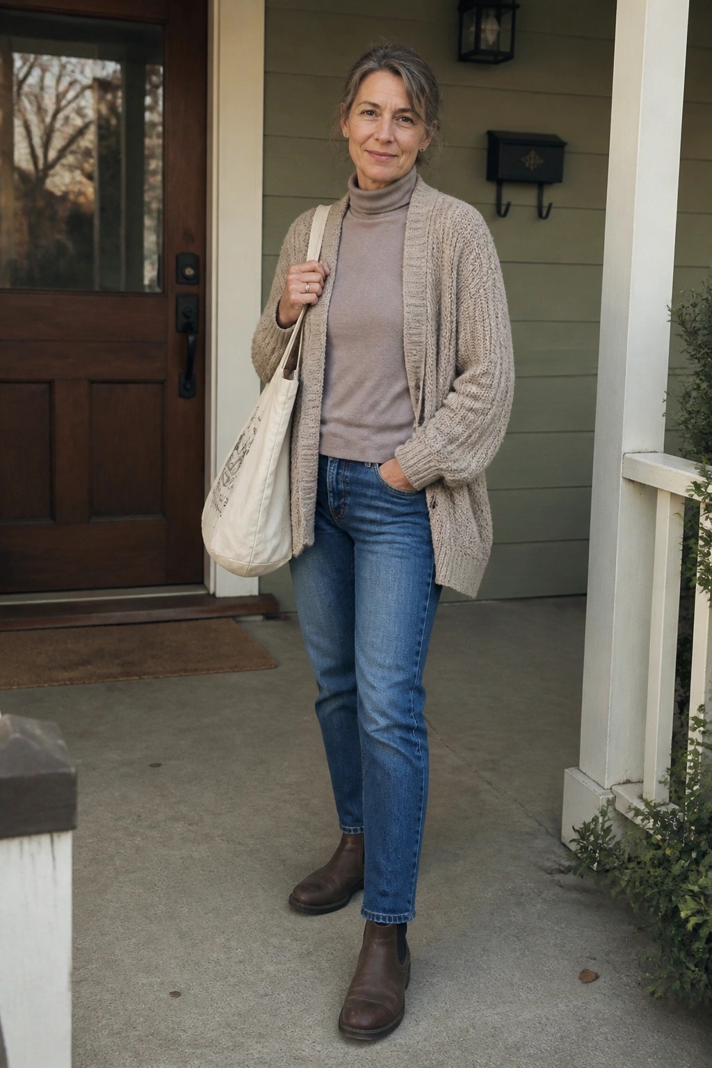 Woman in beige cardigan over turtleneck with jeans and tote bag on porch