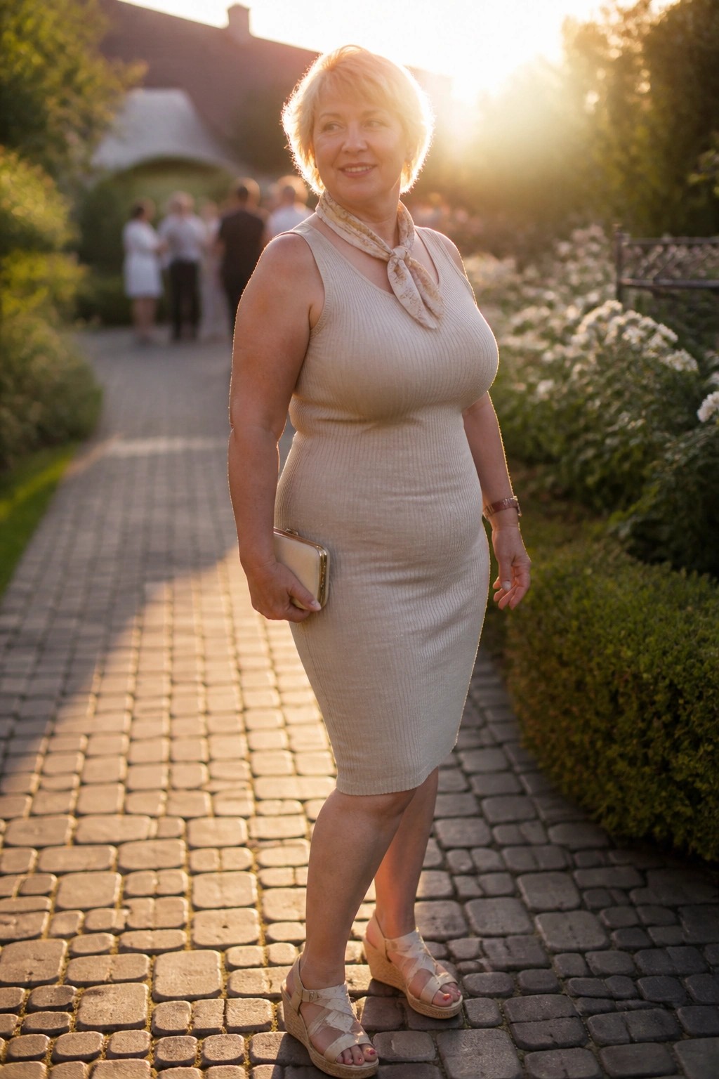 Plus size woman over 50 wearing a beige ribbed sleeveless midi dress with a patterned neck scarf, beige wedge sandals, and a small clutch on a paved path.