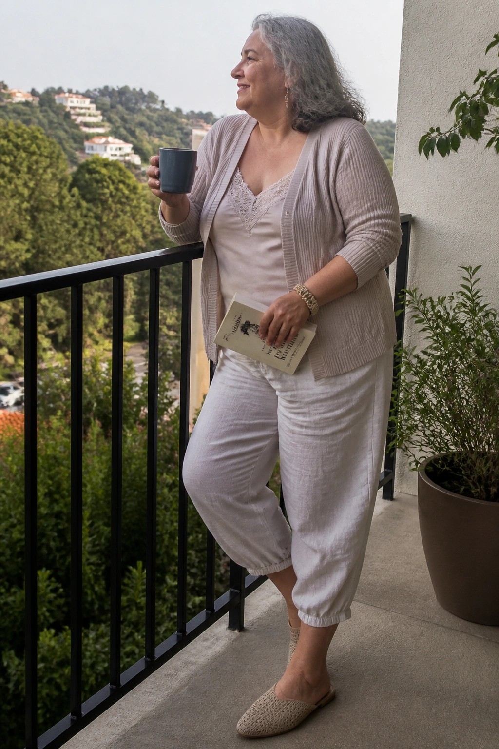 A plus size woman over 50 in a light beige cardigan layered over a lace trimmed camisole with white cropped linen pants and beige crocheted mules while holding a mug and book.