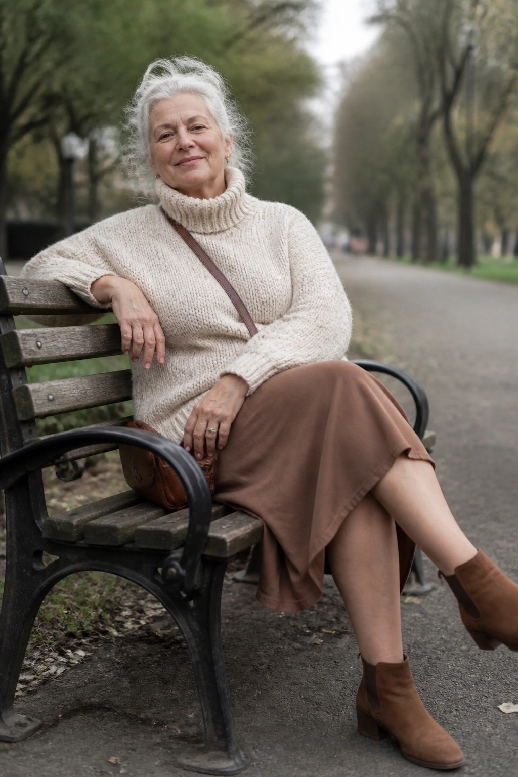 Elderly woman in cream knit turtleneck and brown skirt on park bench