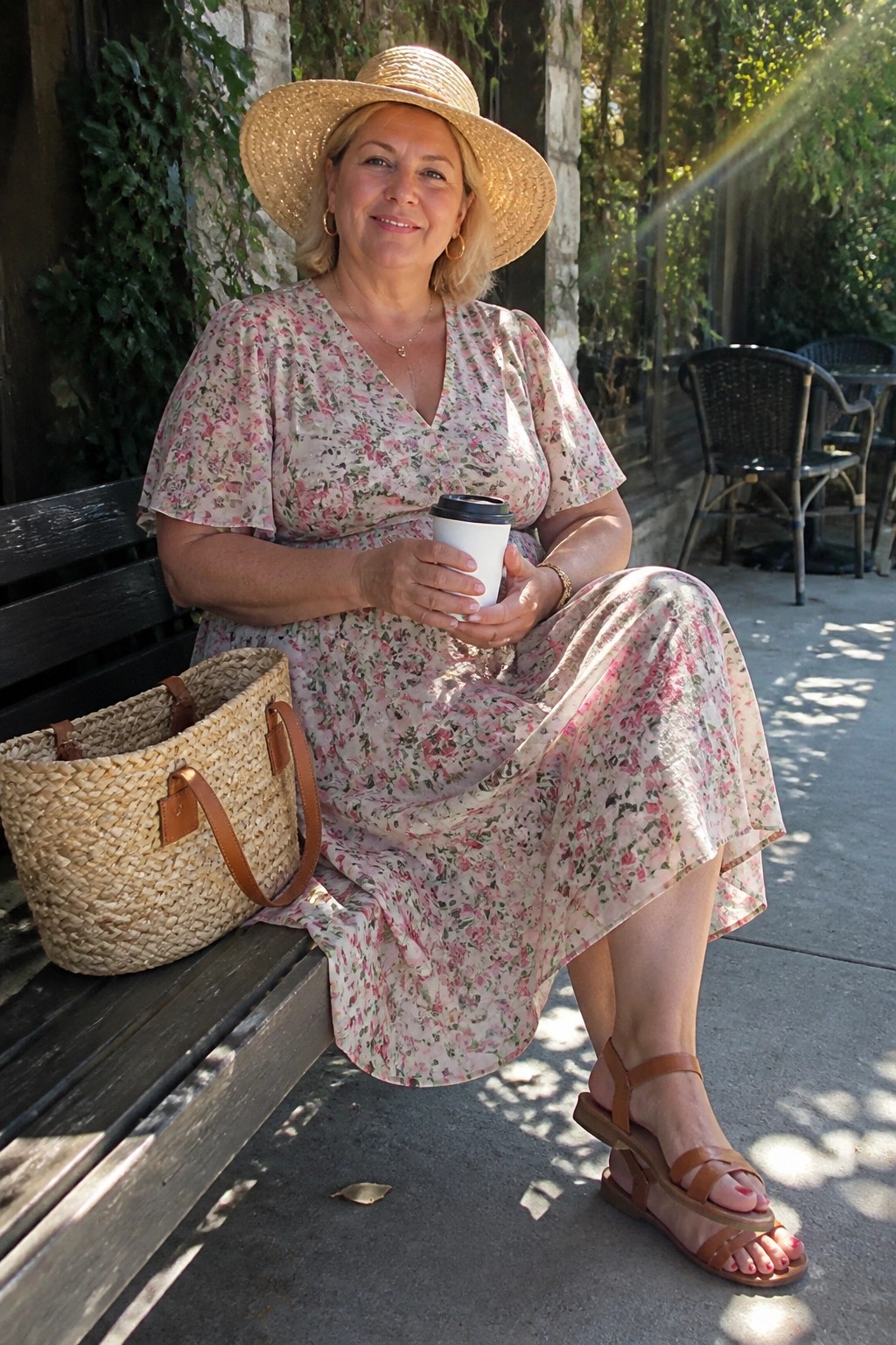 Woman in floral dress and straw hat holding coffee beside woven bag on bench