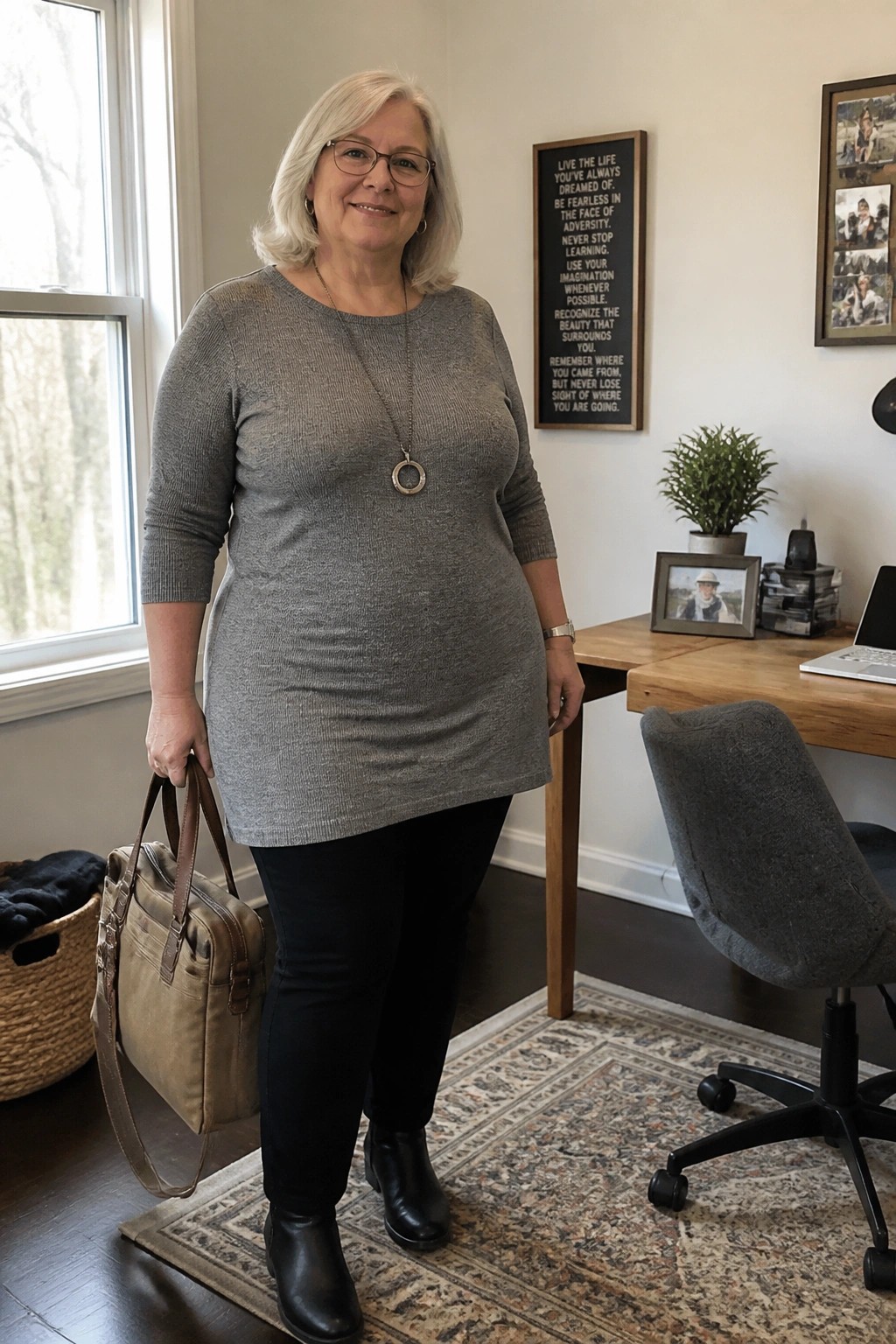 Gray-haired woman in gray sweater holding bag in home office