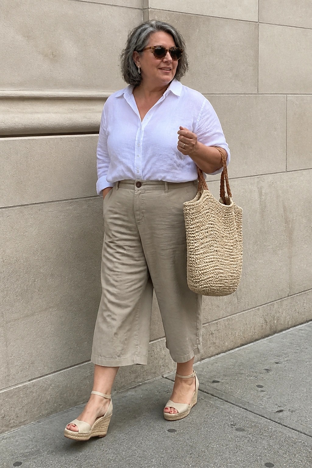 Gray-haired woman in white shirt and beige capris holding woven straw tote bag
