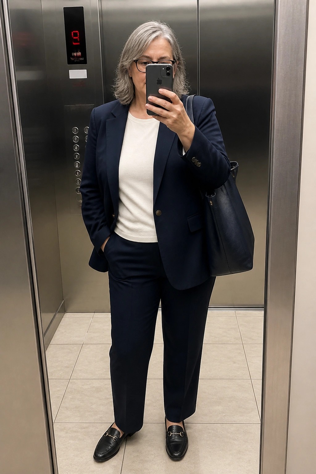 Gray-haired woman in navy pantsuit taking selfie inside elevator with handbag