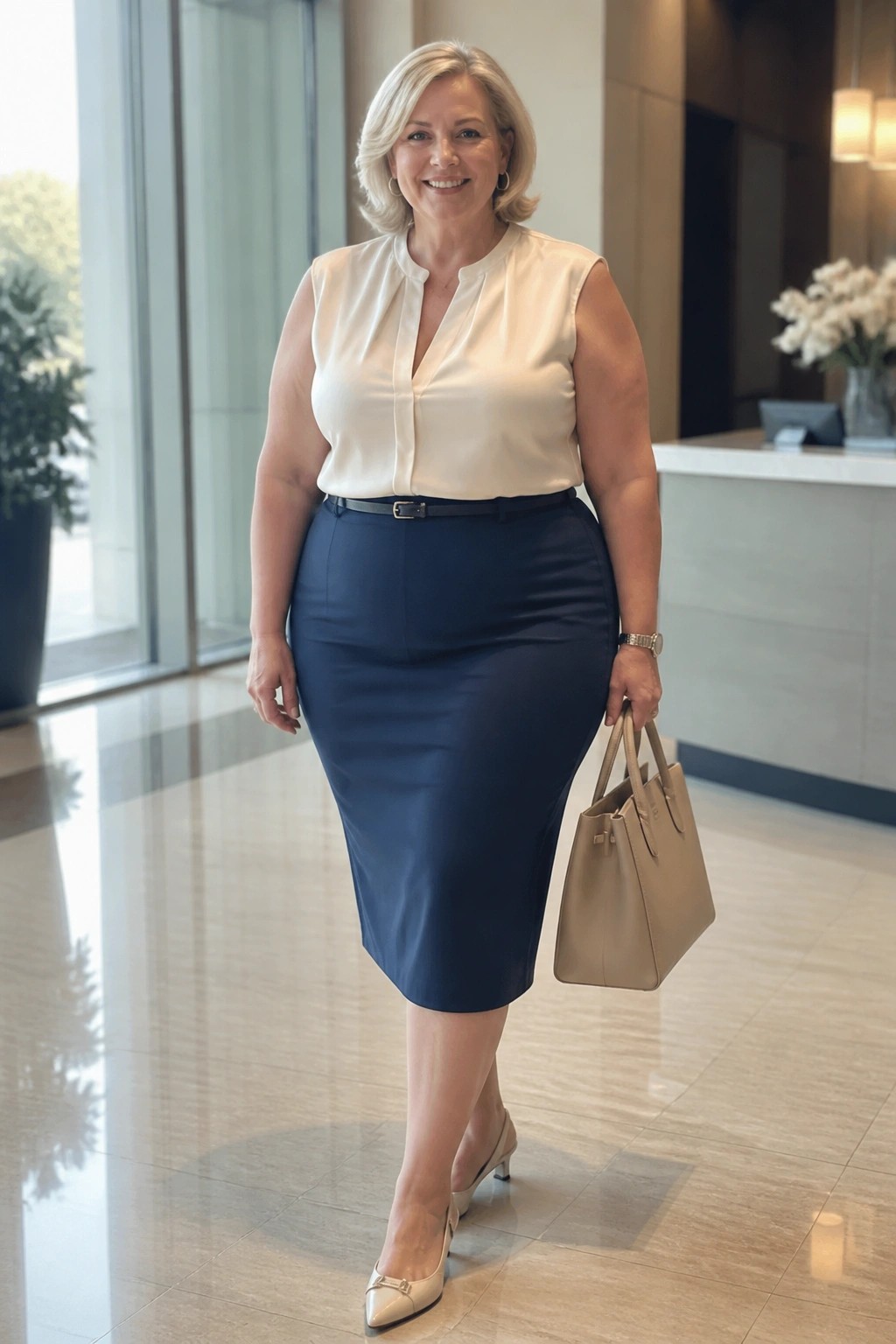 Smiling woman in white blouse and navy skirt holding beige handbag in modern lobby