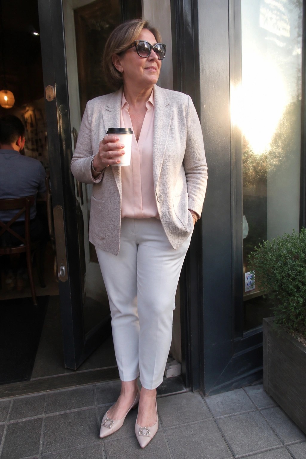 Woman in beige blazer and pink blouse holding coffee cup in doorway